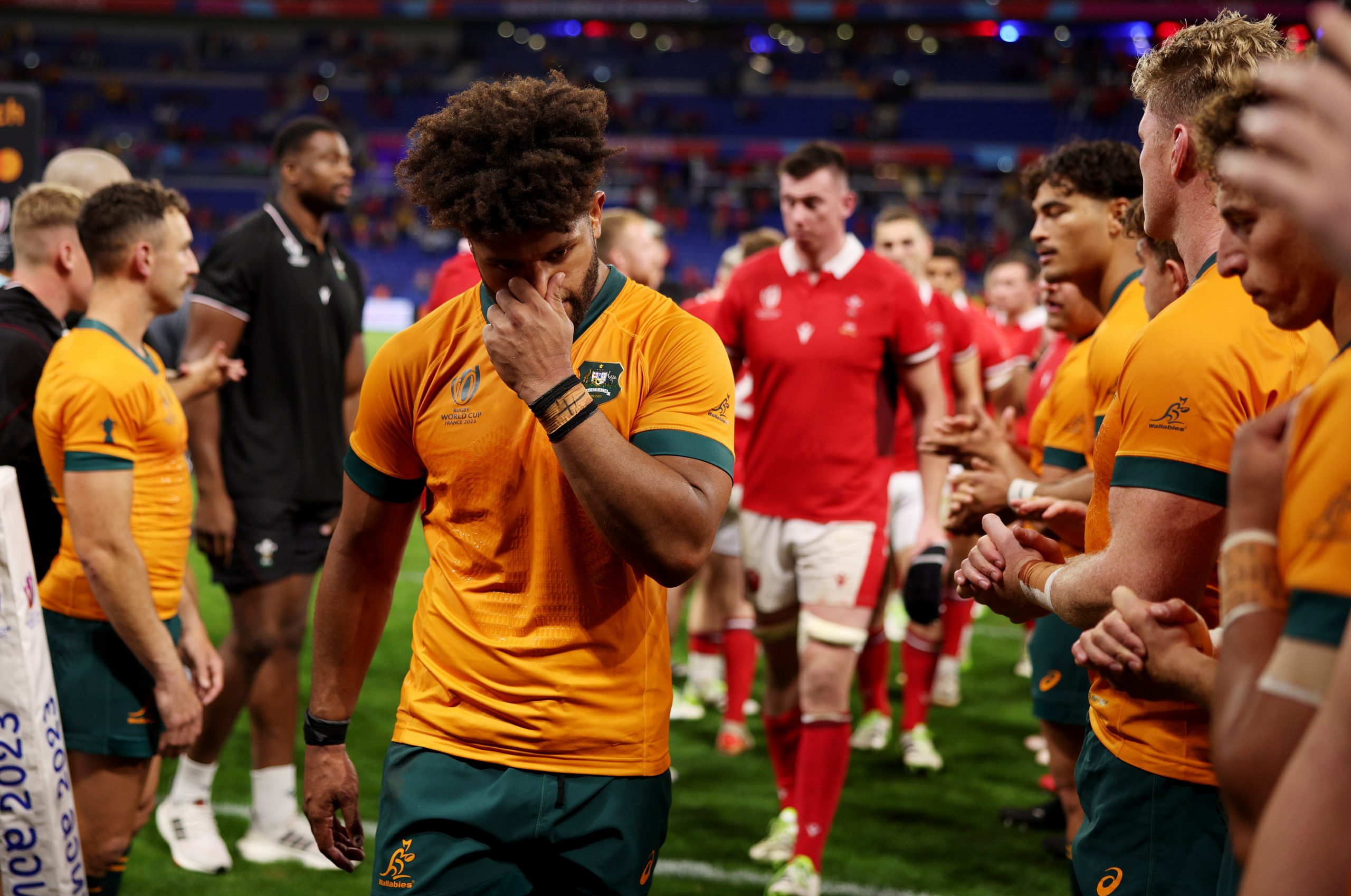 Rob Valetini of Australia looks dejected at fulltime in Lyon.