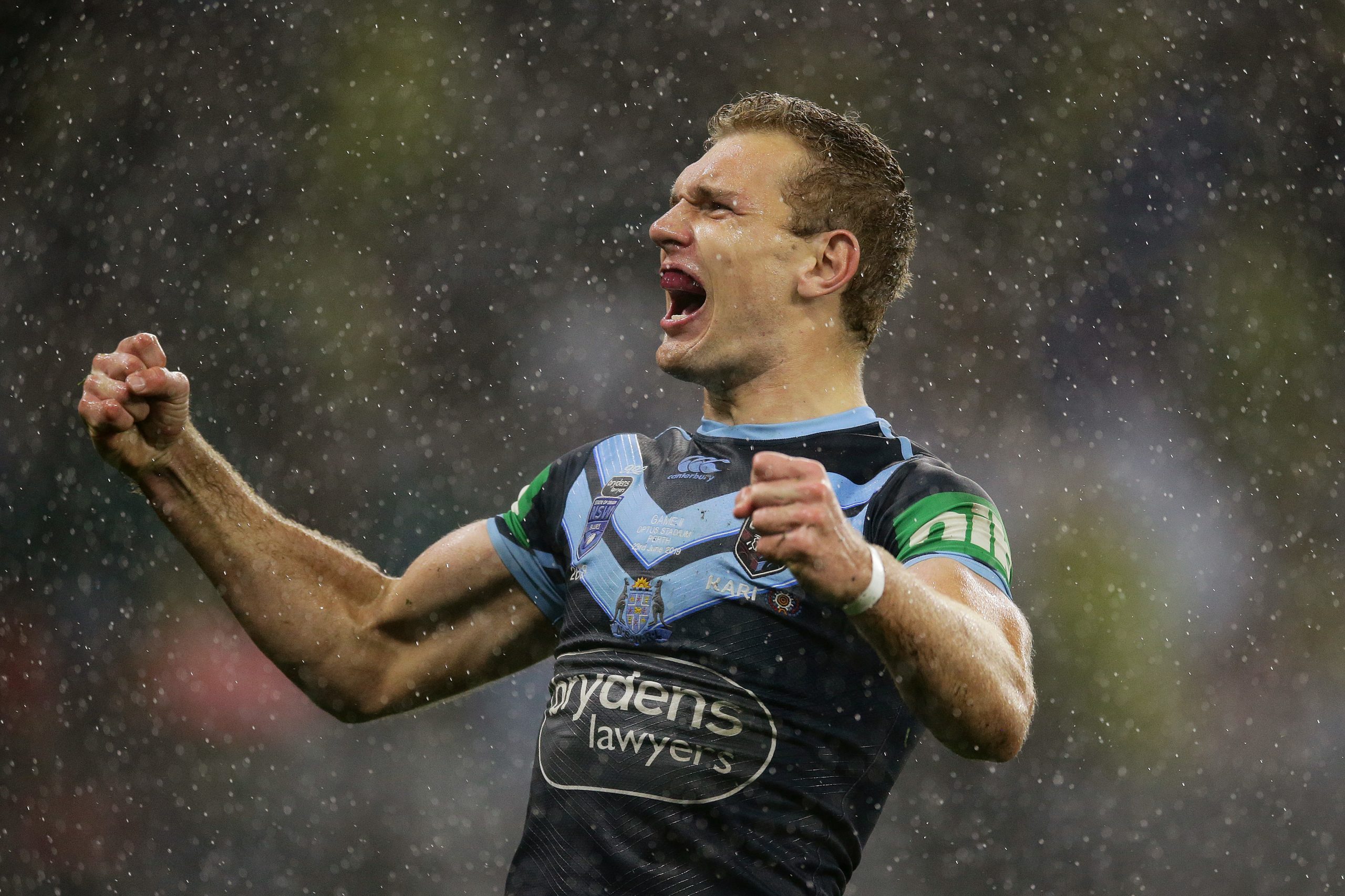 Tom Trbojevic of the Blues celebrates a try during game two of the 2019 State of Origin series between the New South Wales Blues and the Queensland Maroons at Optus Stadium on June 23, 2019 in Perth, Australia. (Photo by Will Russell/Getty Images)