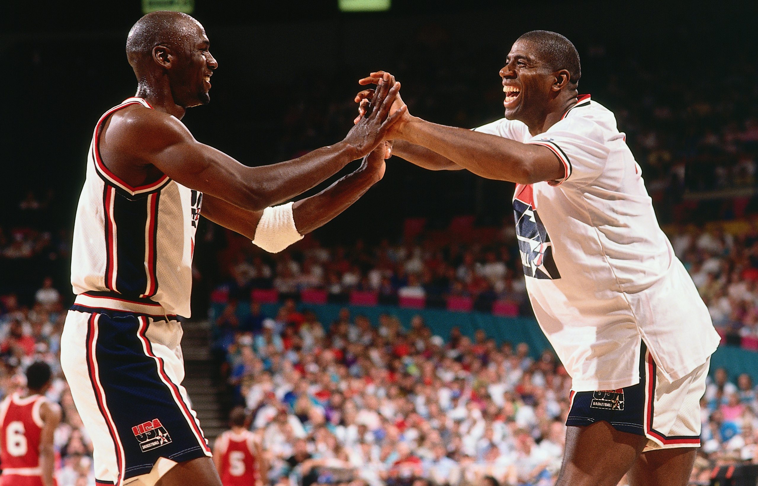 Michael Jordan (left) and Magic Johnson celebrate during the legendary Barcelona 1992 campaign of "The Dream Team".