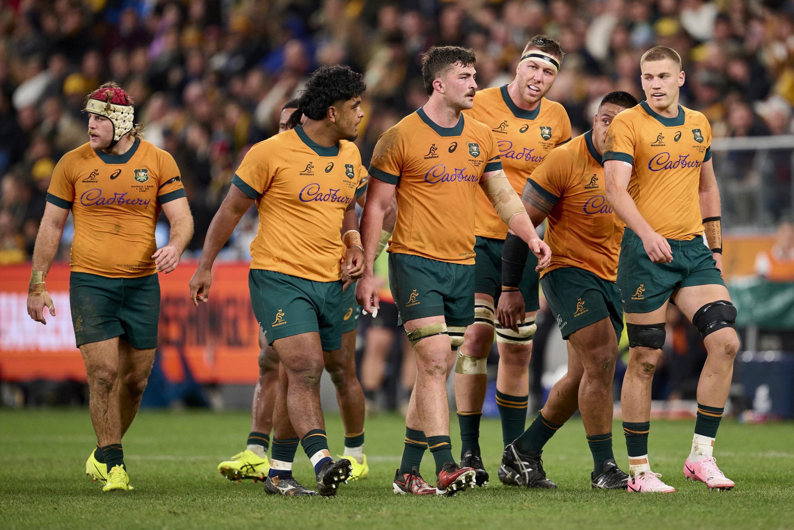 Jeremy Williams of the Wallabies is pictured with team-mates during the men's International Test match between Australia and Wales.