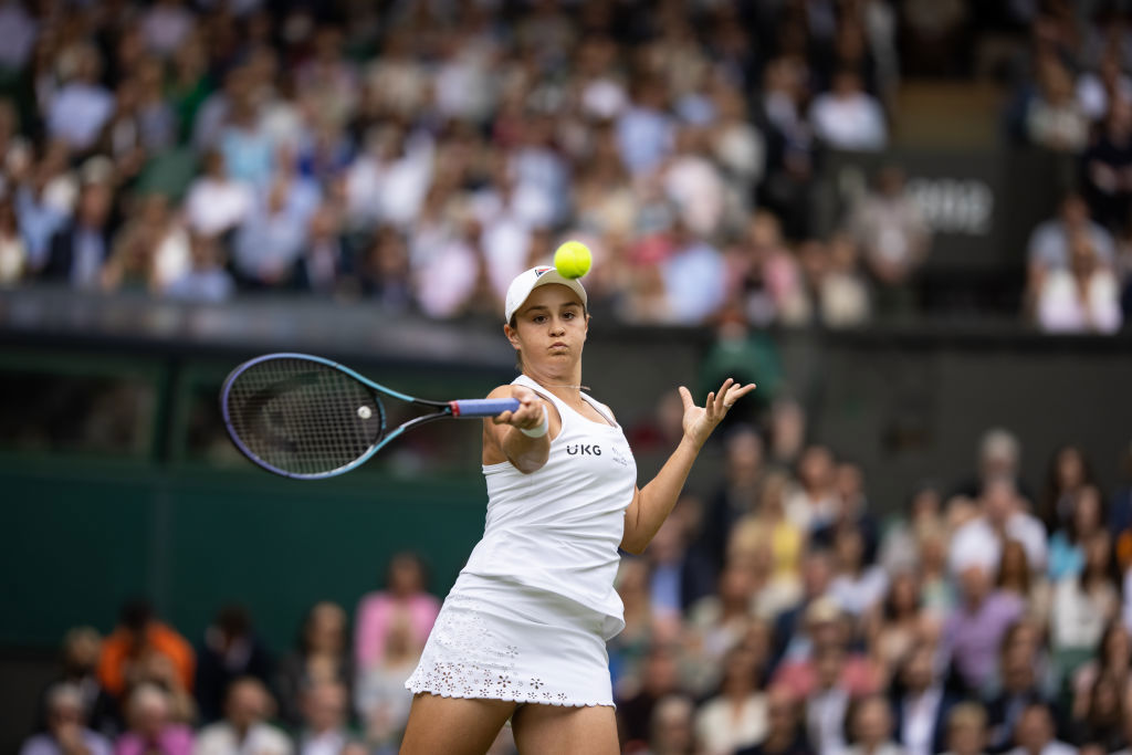 Ashleigh Barty in action during the Women's Singles Final at The Wimbledon Lawn Tennis Championship.