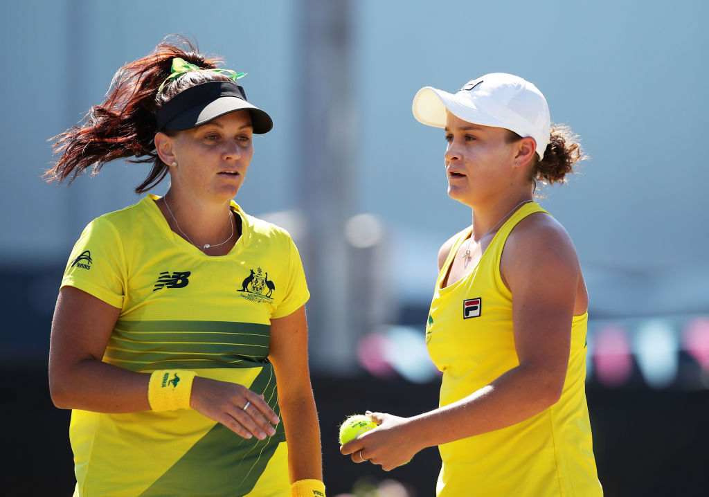 Ashleigh Barty (r) and Casey Dellacqua (l) play in the doubles match at the Fed Cup in 2018.