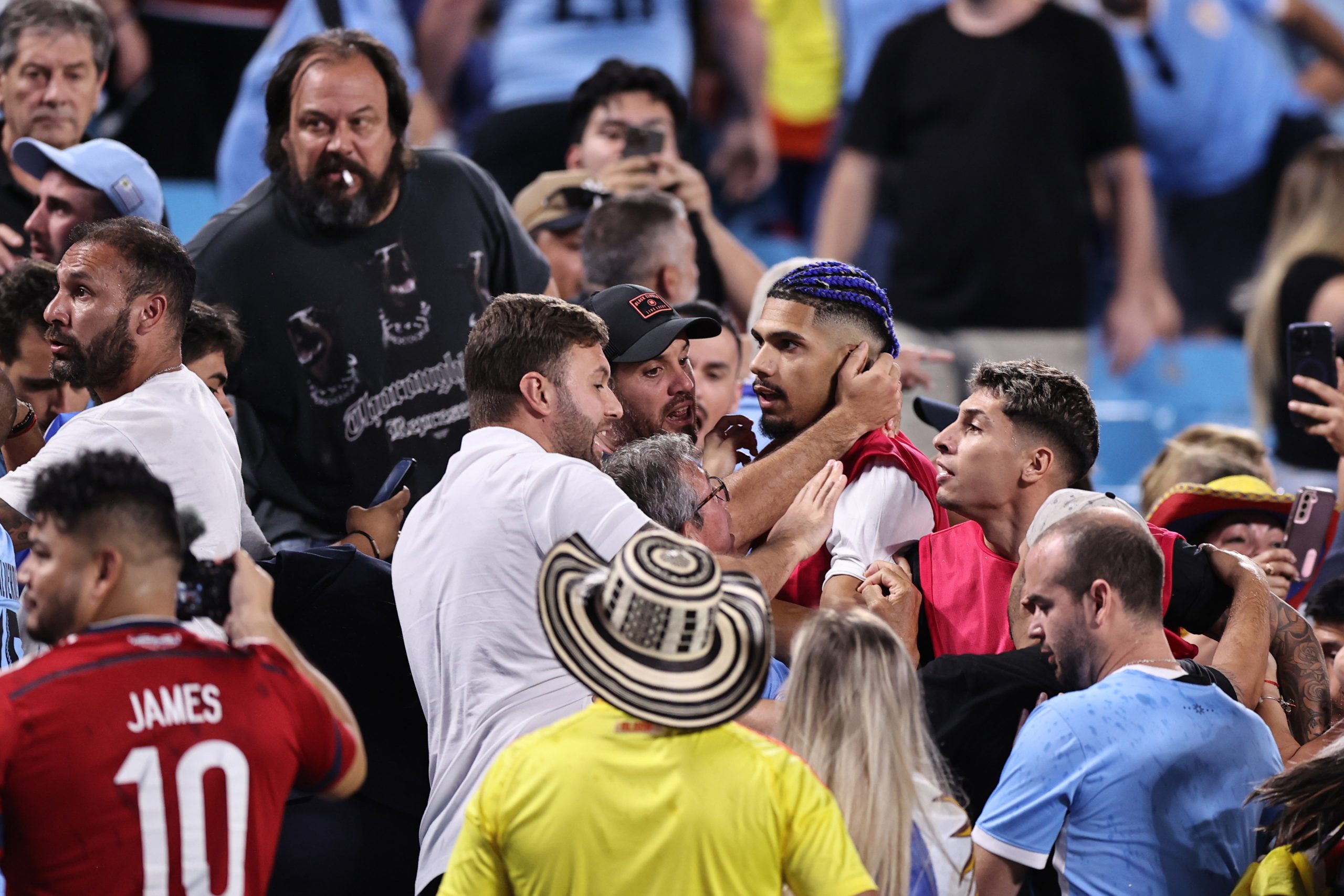 Ronald Araujo reacts towards fans in the stands after Uruguay's Copa America loss to Colombia. 