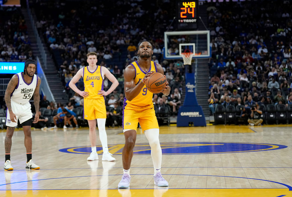 Bronny James Jr. shoots a foul shot against the Sacramento Kings.