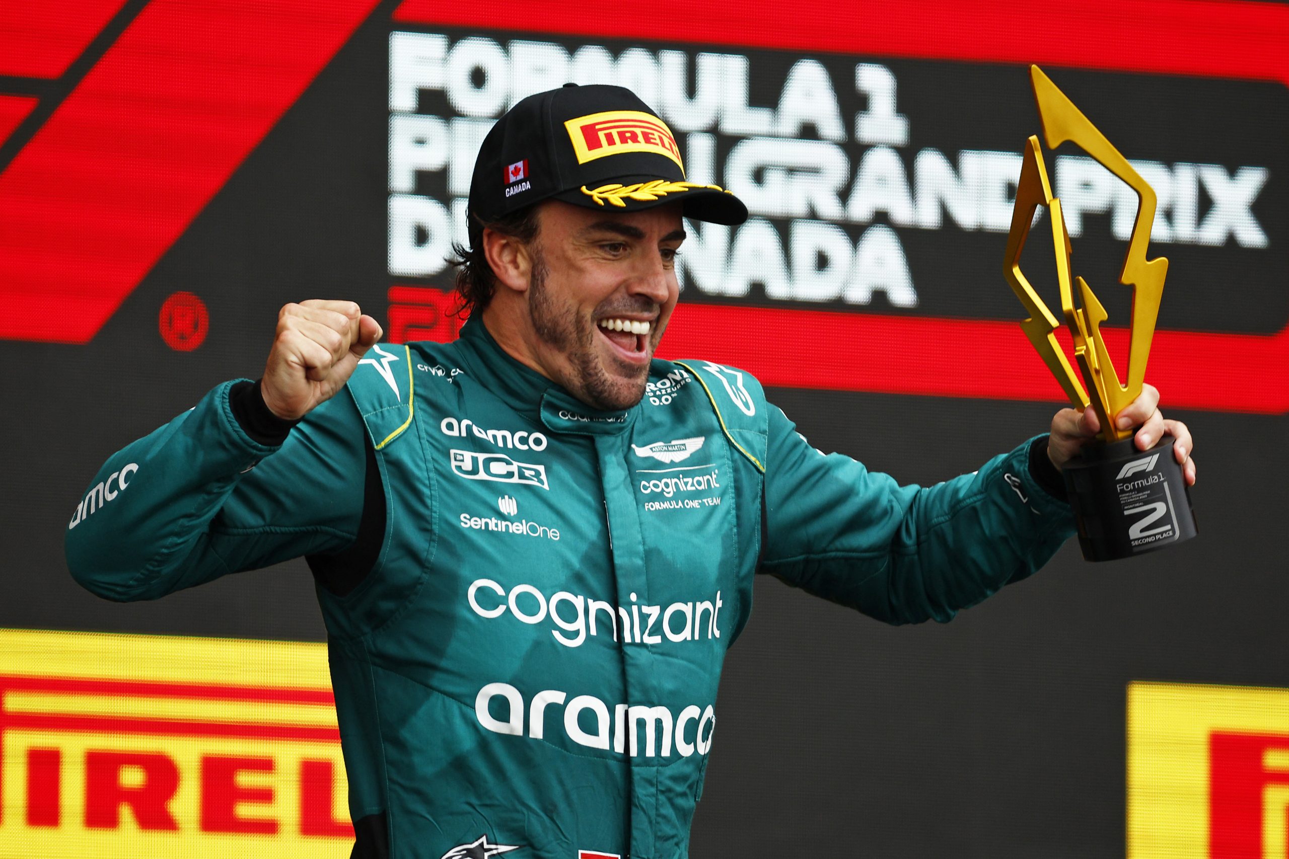 Second placed Fernando Alonso of Spain and Aston Martin F1 Team celebrates on the podium during the F1 Grand Prix of Canada at Circuit Gilles Villeneuve on June 18, 2023 in Montreal, Quebec. (Photo by Jared C. Tilton/Getty Images)