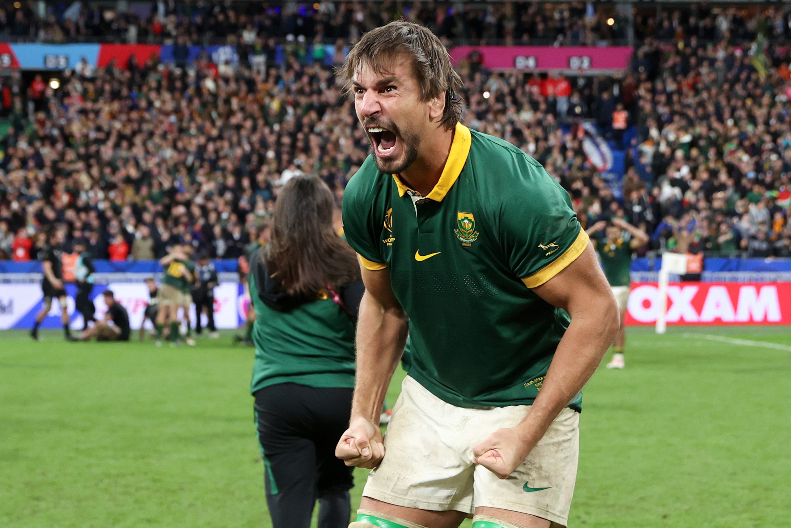 Eben Etzebeth of South Africa celebrates victory at Stade de France.