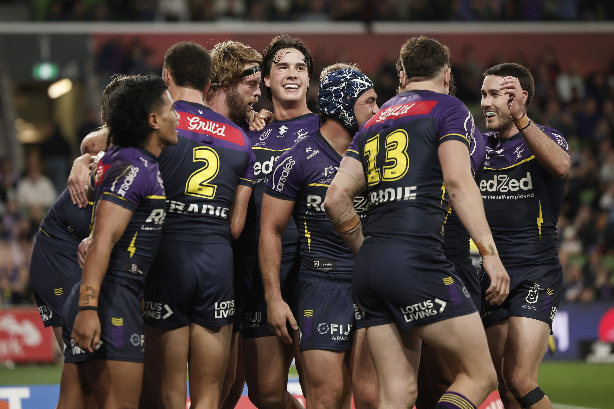 Nelson Asofa-Solomona of the Storm celebrates scoring a try 