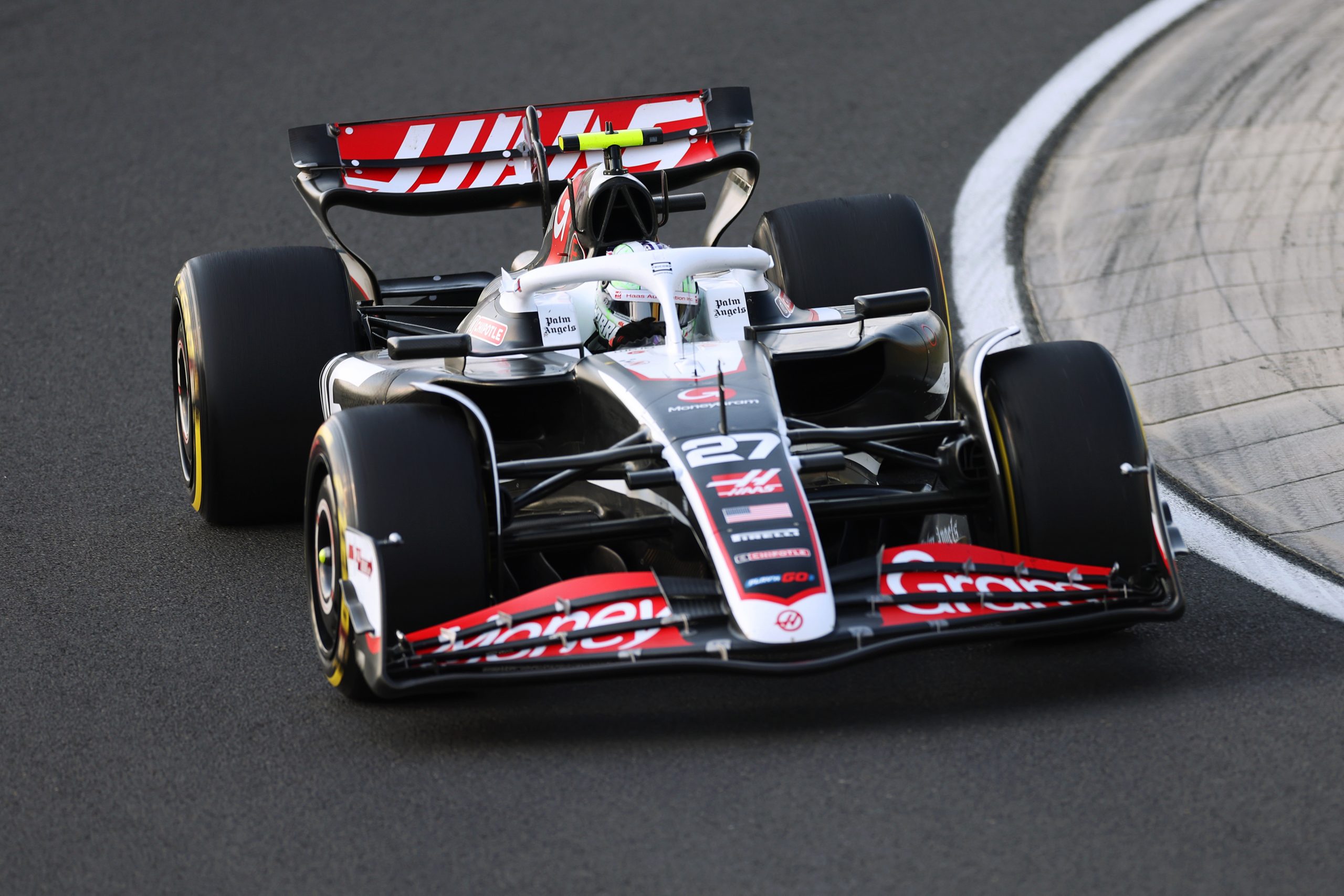 Nico Hulkenberg of Germany driving the (27) Haas F1 VF-24 Ferrari on track during practice ahead of the F1 Grand Prix of Hungary at Hungaroring on July 19, 2024 in Budapest, Hungary. (Photo by Dean Mouhtaropoulos/Getty Images)