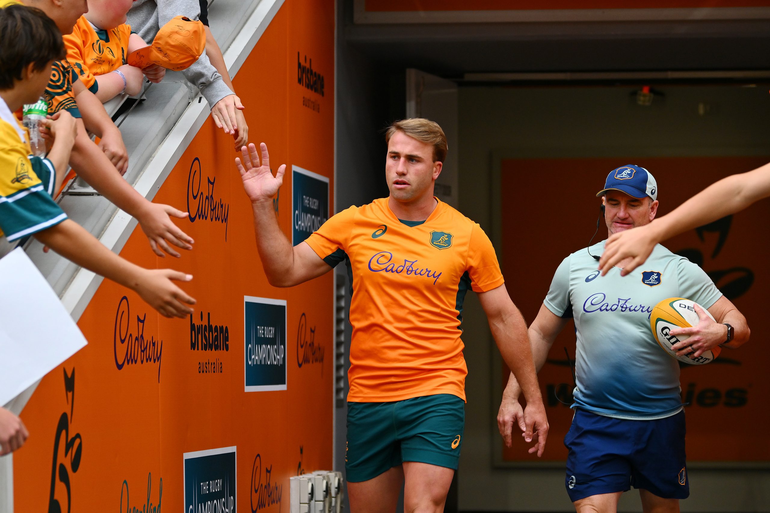 Hamish Stewart of the Wallabies greets fans.