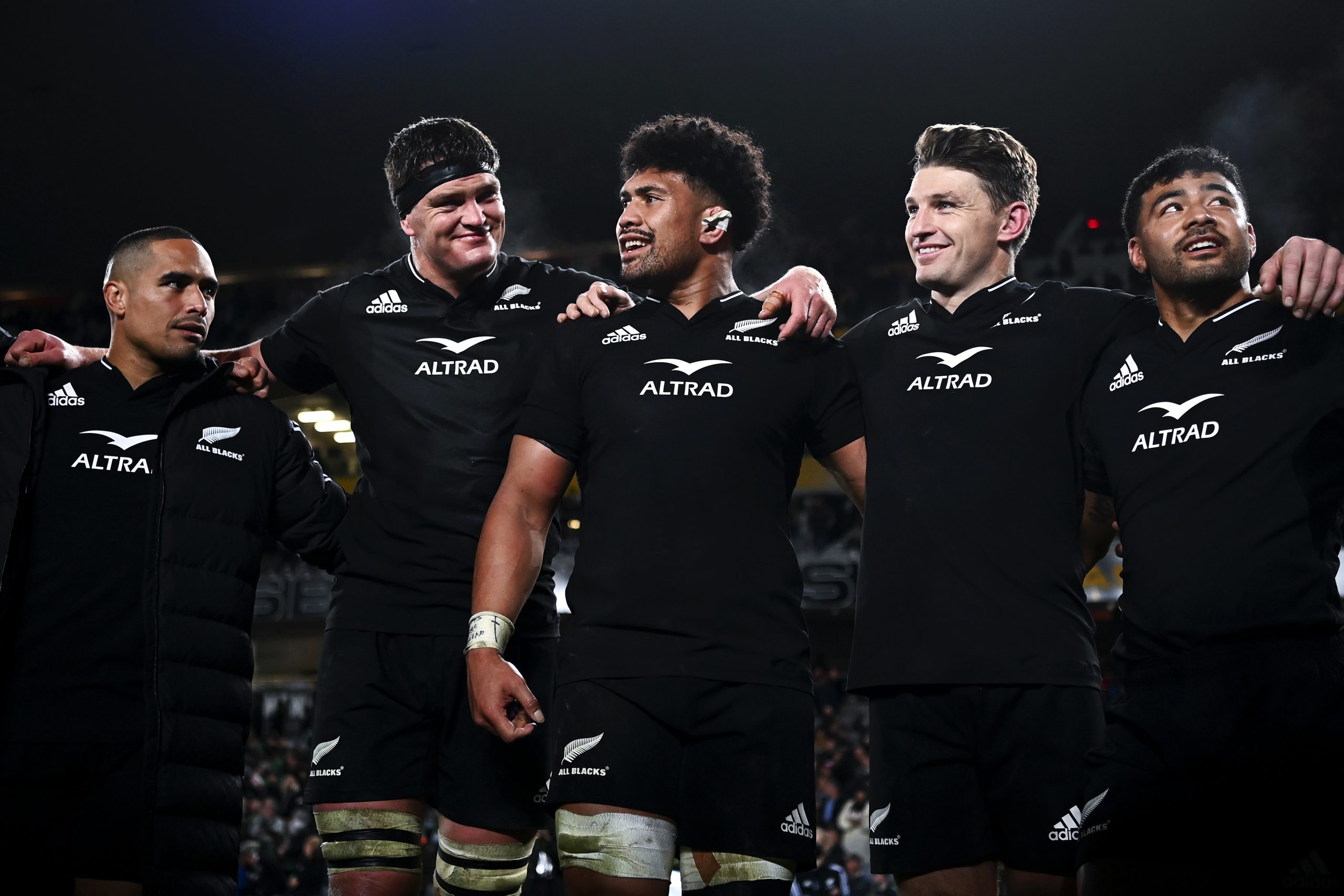 All Blacks players in a huddle during a 2022 clash with Ireland at Eden Park.