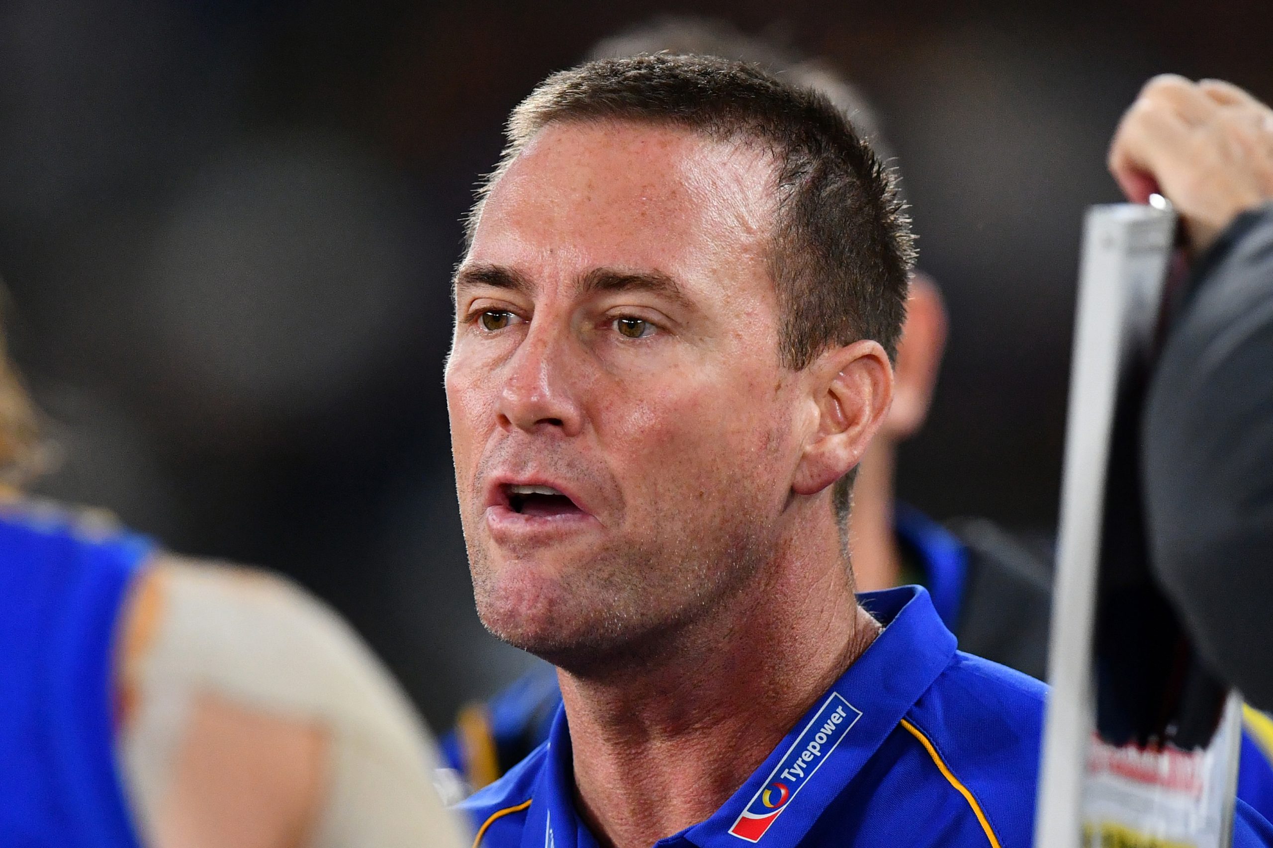 Jarrad Schofield, Interim Head Coach of the Eagles speaks to his players during round 19 against St Kilda.