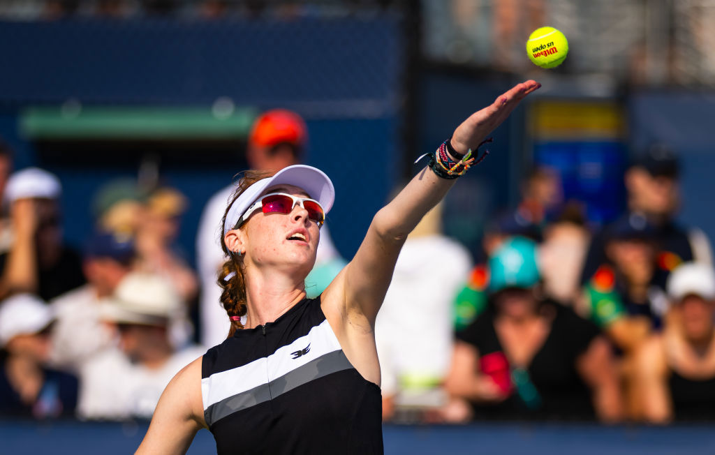 Maya Joint of Australia in action against Laura Siegemund of Germany in the first round on Day 1 of the US Open.