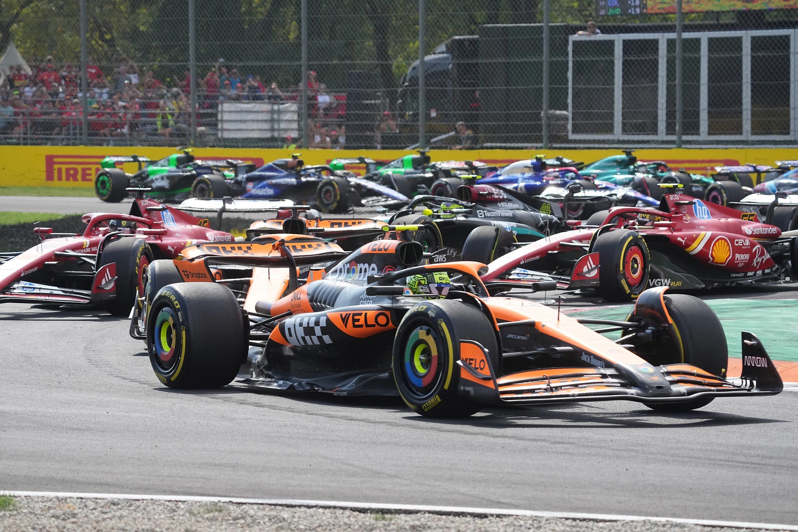  Lando Norris from Great Britain from Team McLaren, Oscar Piastri from Australia from Team McLaren, Carlos Sainz from Spain from Team Scuderia Ferrari, Lewis Hamilton from Great Britain from Team Mercedes-AMG Petronas Formula One Team are out on the track in Monza. Photo: Hasan Bratic/dpa (Photo by Hasan Bratic/picture alliance via Getty Images)