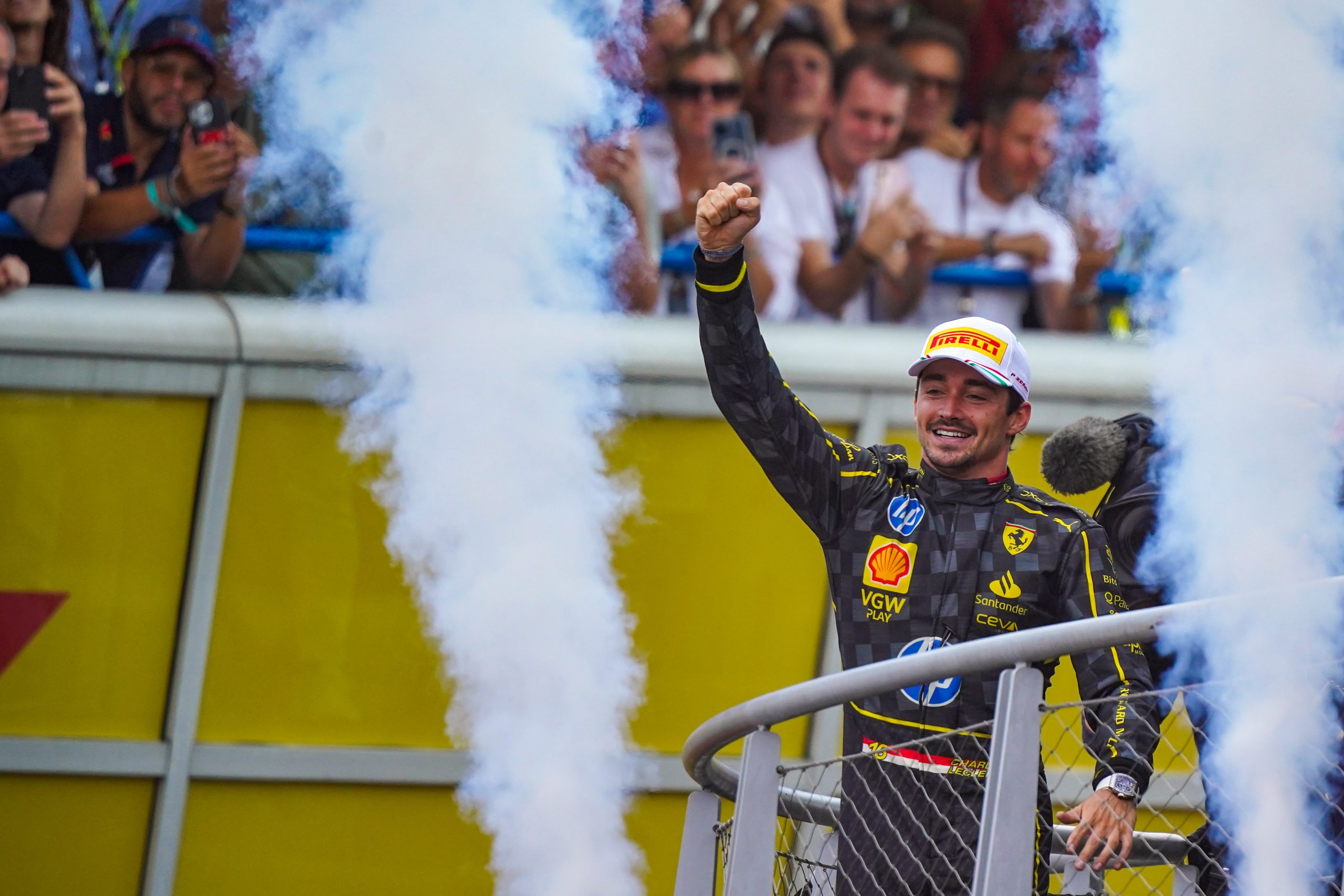 Charles Leclerc celebrates the win of the race during the Race of the Formula 1 Pirelli Gran Premio d'Italia 2024 in Monza, Italy, on September 1, 2024. (Photo by Luca Rossini/NurPhoto via Getty Images)