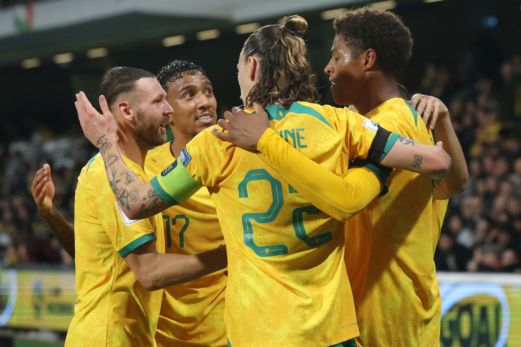 Socceroos celebrate FIFA 2026 World Cup qualifier win.