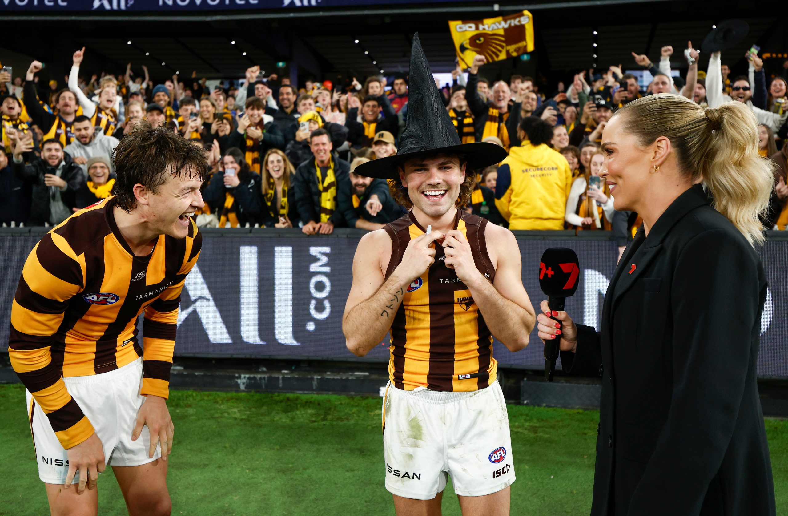 Jack Ginnivan and Nick Watson celebrate their elimination final win.