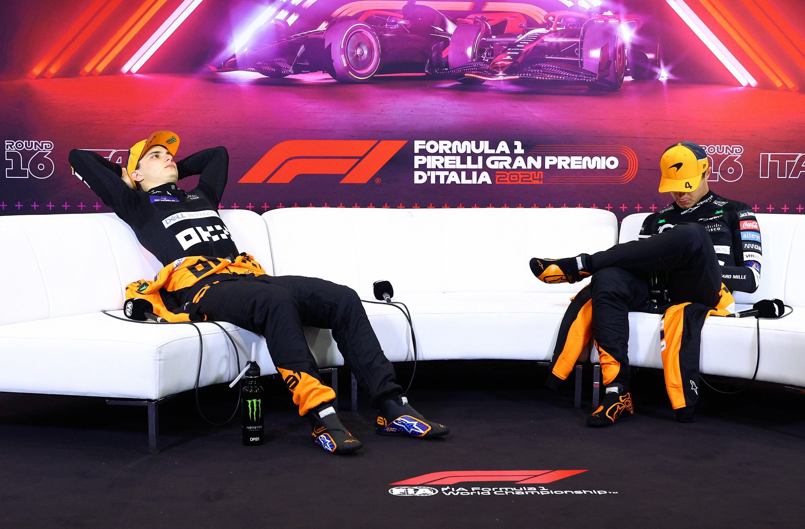 Second placed Oscar Piastri of Australia and McLaren and Third placed Lando Norris of Great Britain and McLaren attend the Drivers Press Conference during the F1 Grand Prix of Italy at Autodromo Nazionale Monza on September 01, 2024 in Monza, Italy. (Photo by Clive Rose/Getty Images)