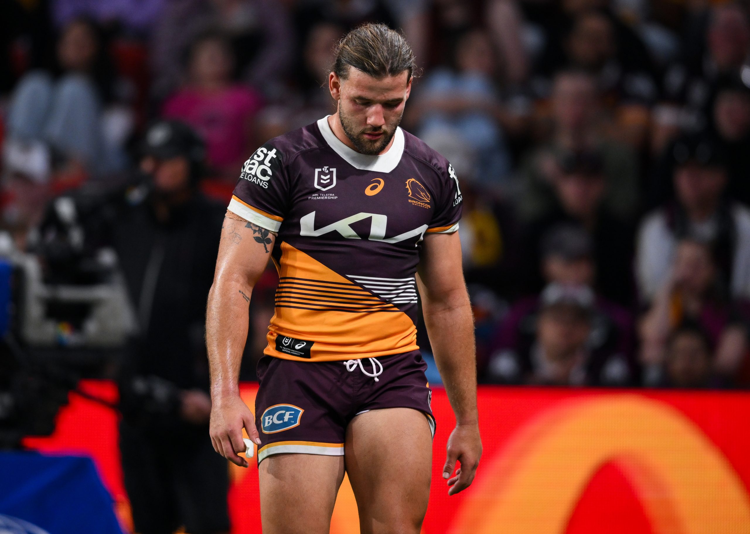 A dejected Patrick Carrigan during the Broncos' clash with the Storm in round 27.