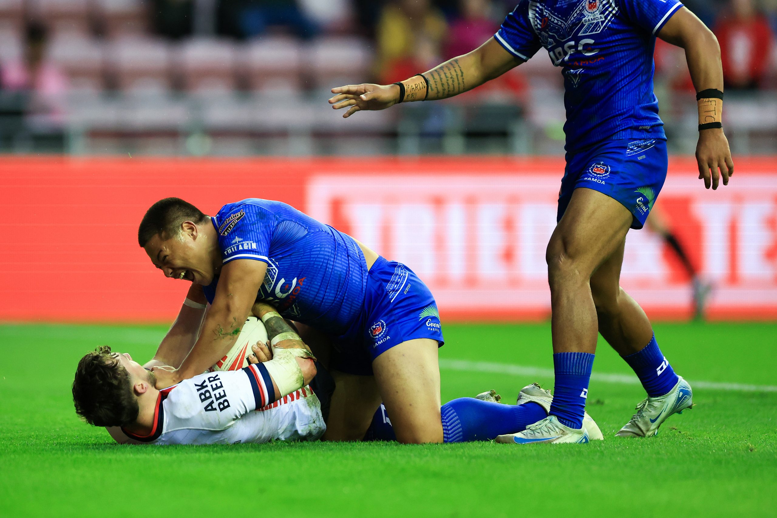 Gordon Chan Kum Tong of Samoa celebrates scoring his sides third try during the Autumn International Series test match between England and Samoa at Brick Community Stadium on October 27, 2024 in Wigan, England. (Photo by Jess Hornby/Getty Images)