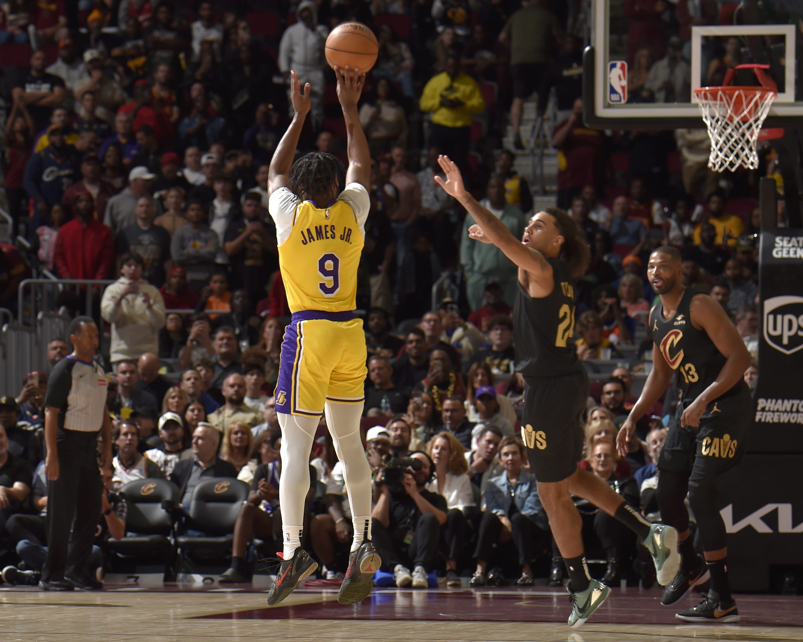 Bronny James of the Los Angeles Lakers shoots the ball during the game against the Cleveland Cavaliers.