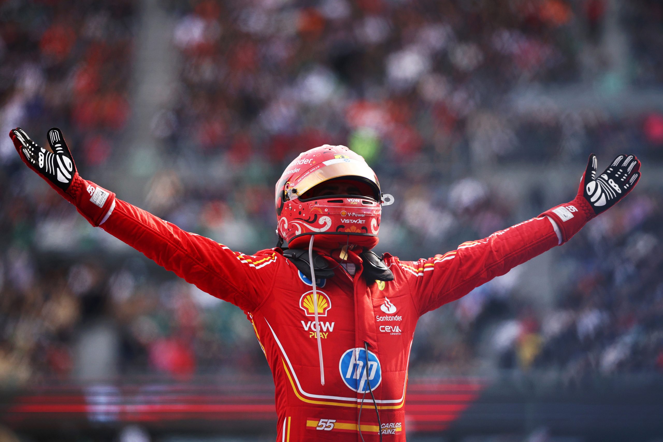 Race winner Carlos Sainz of Spain and Ferrari celebrates in parc ferme during the F1 Grand Prix of Mexico at Autodromo Hermanos Rodriguez on October 27, 2024 in Mexico City, Mexico. (Photo by Jared C. Tilton/Getty Images)