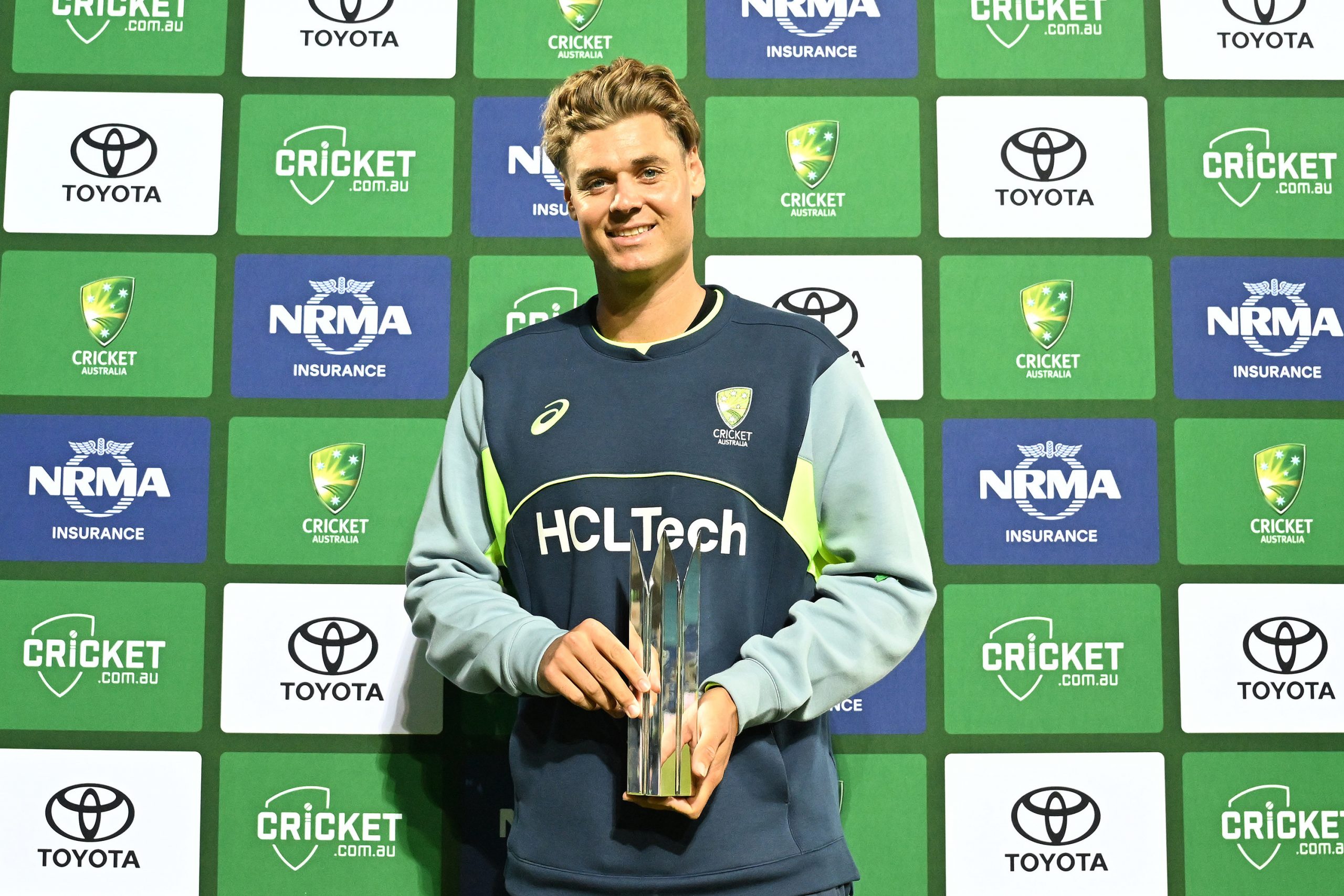 Spencer Johnson of Australia receives the player of the series award after game three of the T20 series against Pakistan.