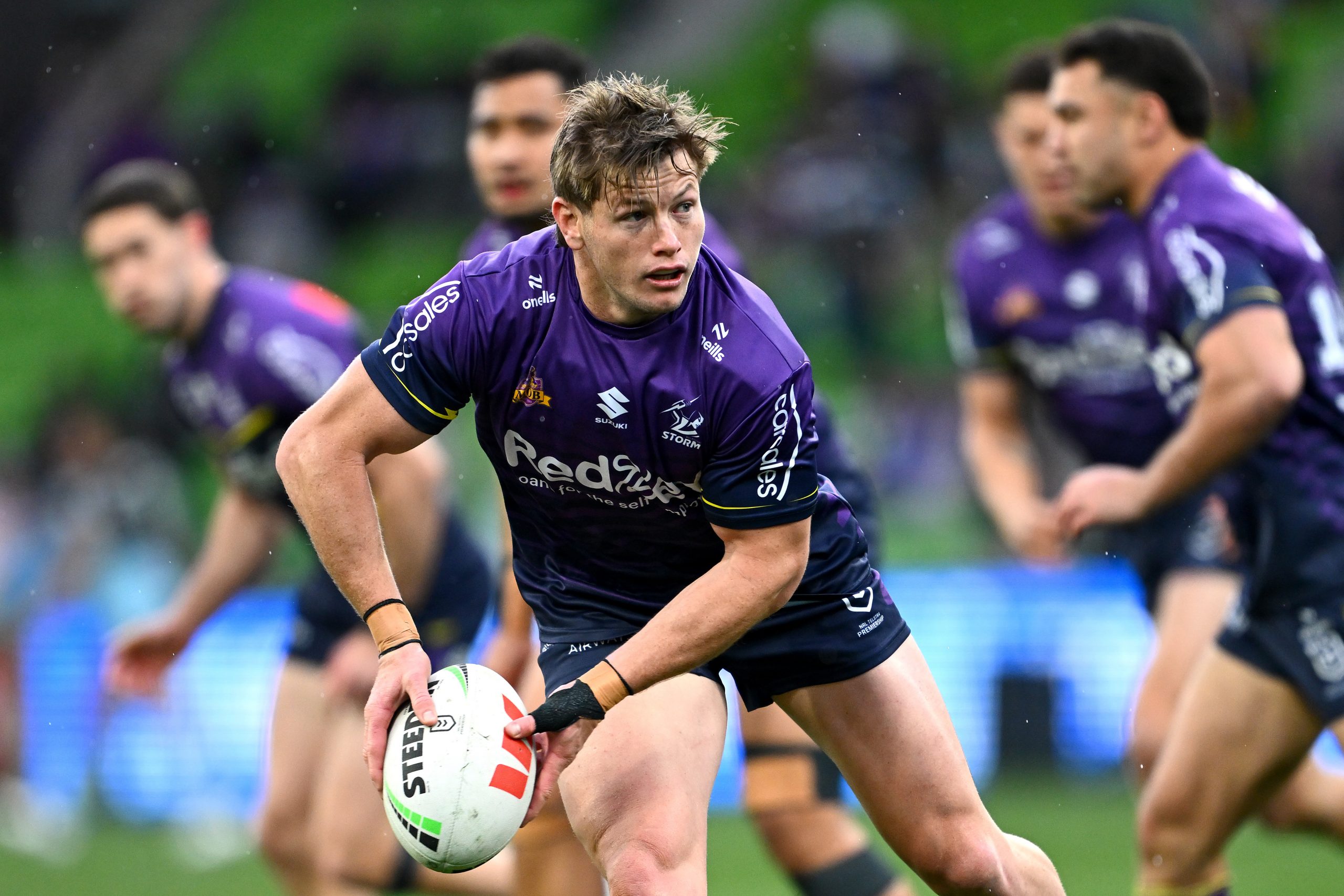 MELBOURNE, AUSTRALIA - SEPTEMBER 14:  Harry Grant of the Storm warms up before the NRL Qualifying Final match between Melbourne Storm and Cronulla Sharks at AAMI Park on September 14, 2024 in Melbourne, Australia. (Photo by Quinn Rooney/Getty Images)