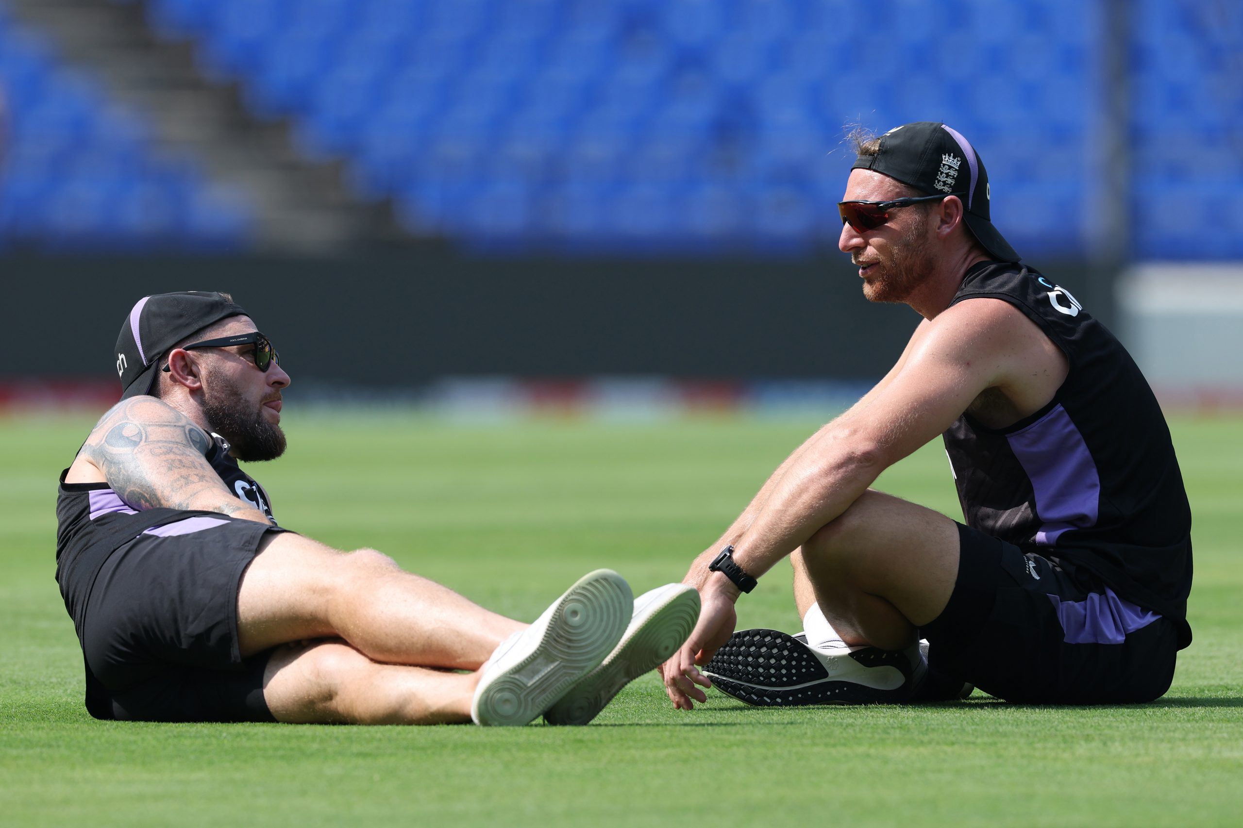 England Head Coach, Brendon McCullum (l) in conversation with England captain Jos Buttler during the England nets session at Vidarbha Cricket Association Ground on February 05, 2025 in Nagpur, India. (Photo by Michael Steele/Getty Images)