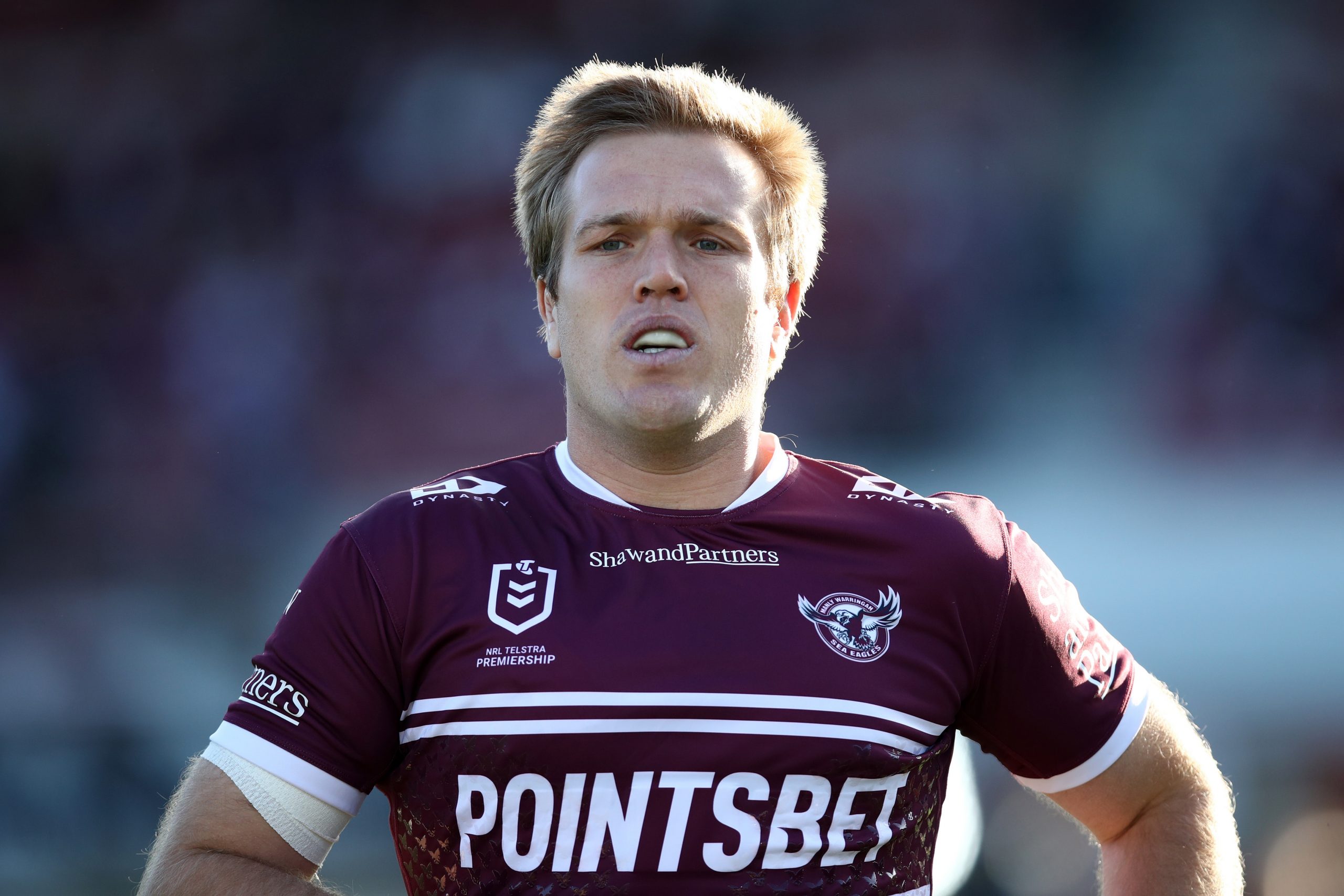 Jake Trbojevic warms up ahead of the round 18 NRL match between Manly Sea Eagles and Sydney Roosters.