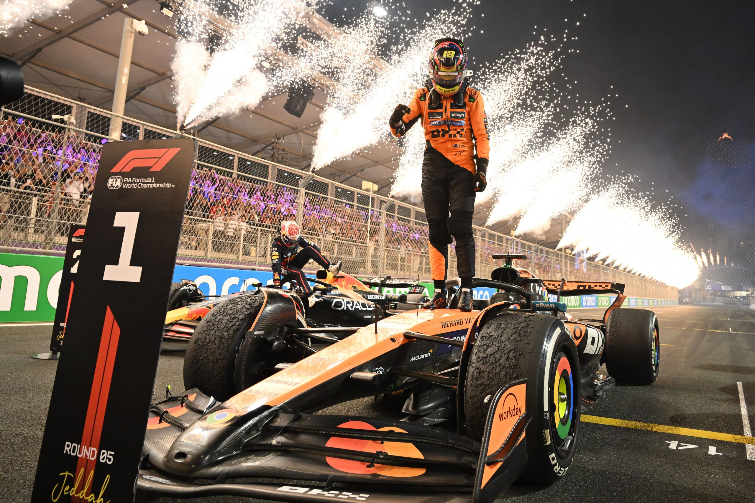 Race winner Oscar Piastri of Australia and McLaren celebrates on arrival in parc ferme during the F1 Grand Prix of Saudi Arabia at Jeddah Corniche Circuit in Jeddah, Saudi Arabia.