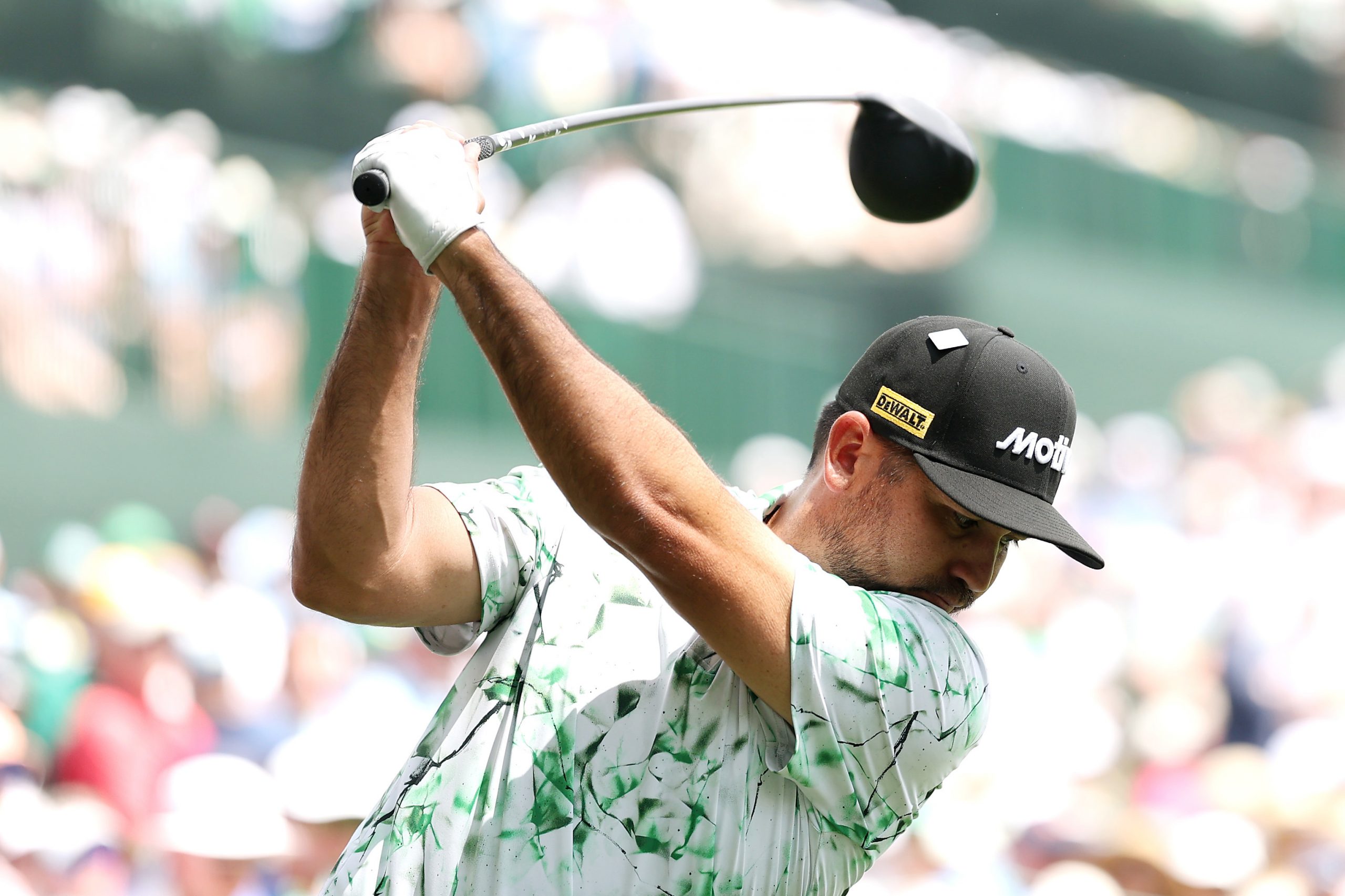 Jason Day of Australia plays his shot from the 14th tee during the first round of the 2025 Masters Tournament at Augusta National Golf Club on April 10, 2025 in Augusta, Georgia. (Photo by Richard Heathcote/Getty Images)