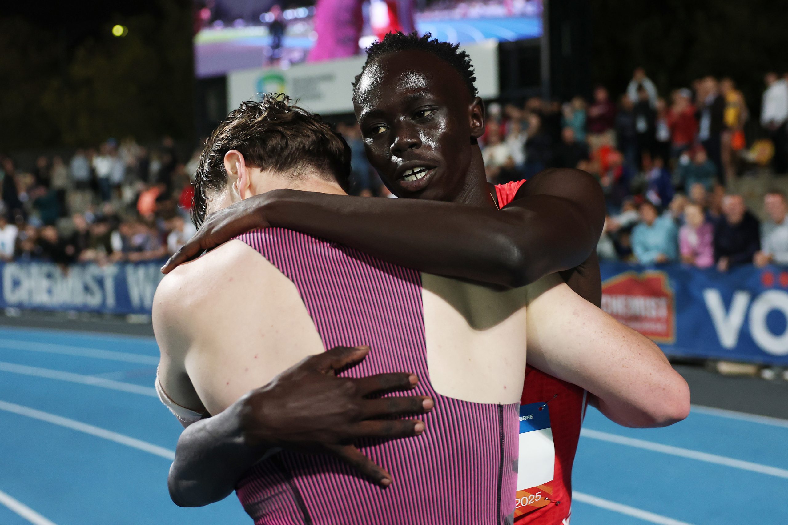 Gout Gout congratulates Lachlan Kennedy on his win.