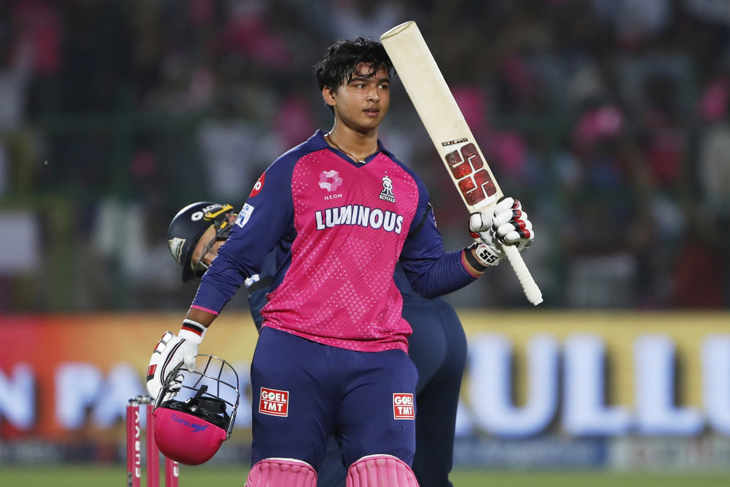 Rajasthan Royals' Vaibhav Suryavanshi celebrates after scoring a century.