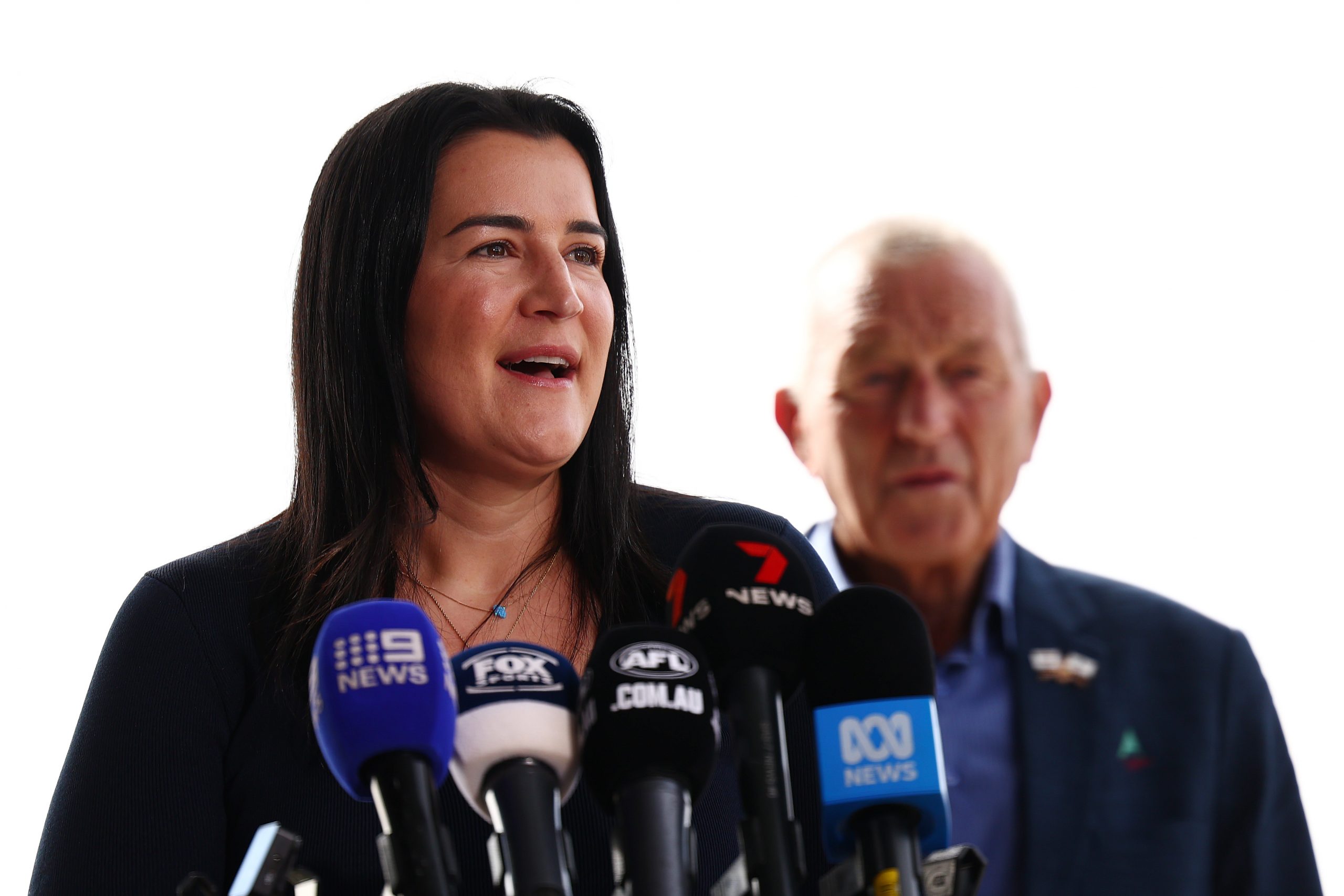 AFL Executive General Manager of Football, Laura Kane speaks to media during a media call ahead of the first ever AFL game at Barossa Park on April 10, 2025 in Lyndoch, Australia. (Photo by Morgan Hancock/AFL Photos/via Getty Images)