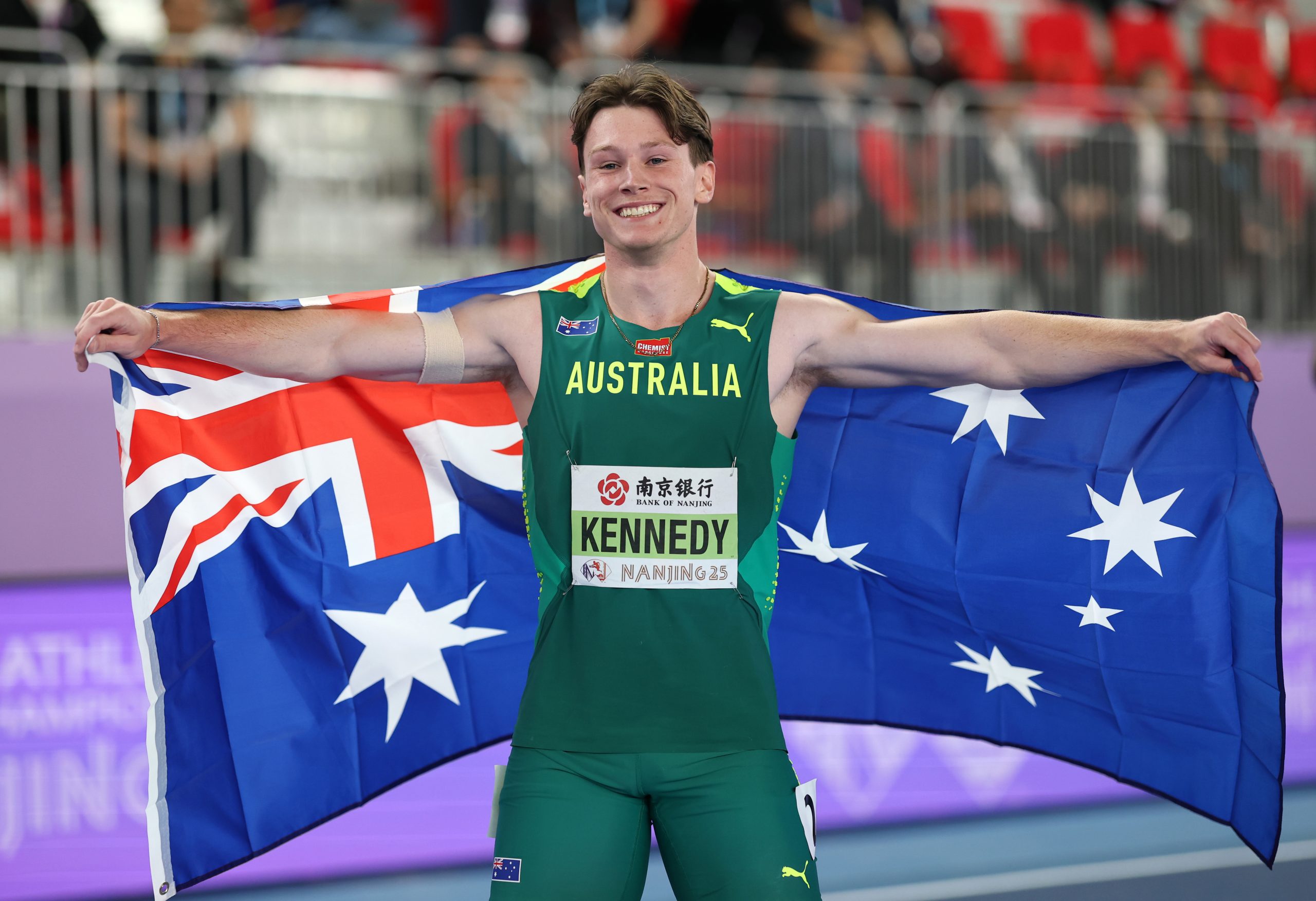 Lachlan Kennedy celebrates clinching silver in the 60 metres at the 2025 world athletics indoor championships in China.