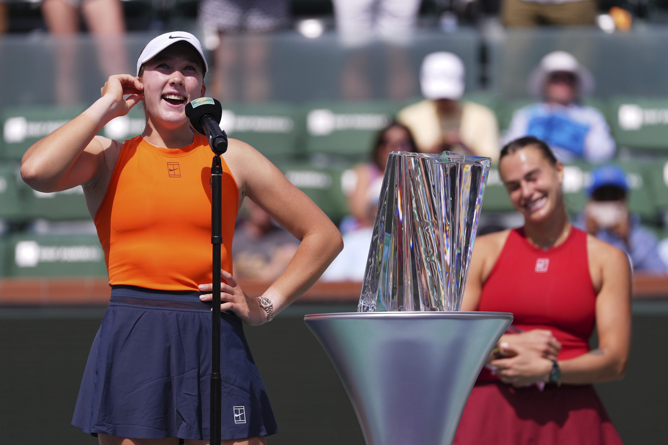 Mirra Andreeva of Russia smiles after winning the BNP Paribas Open.