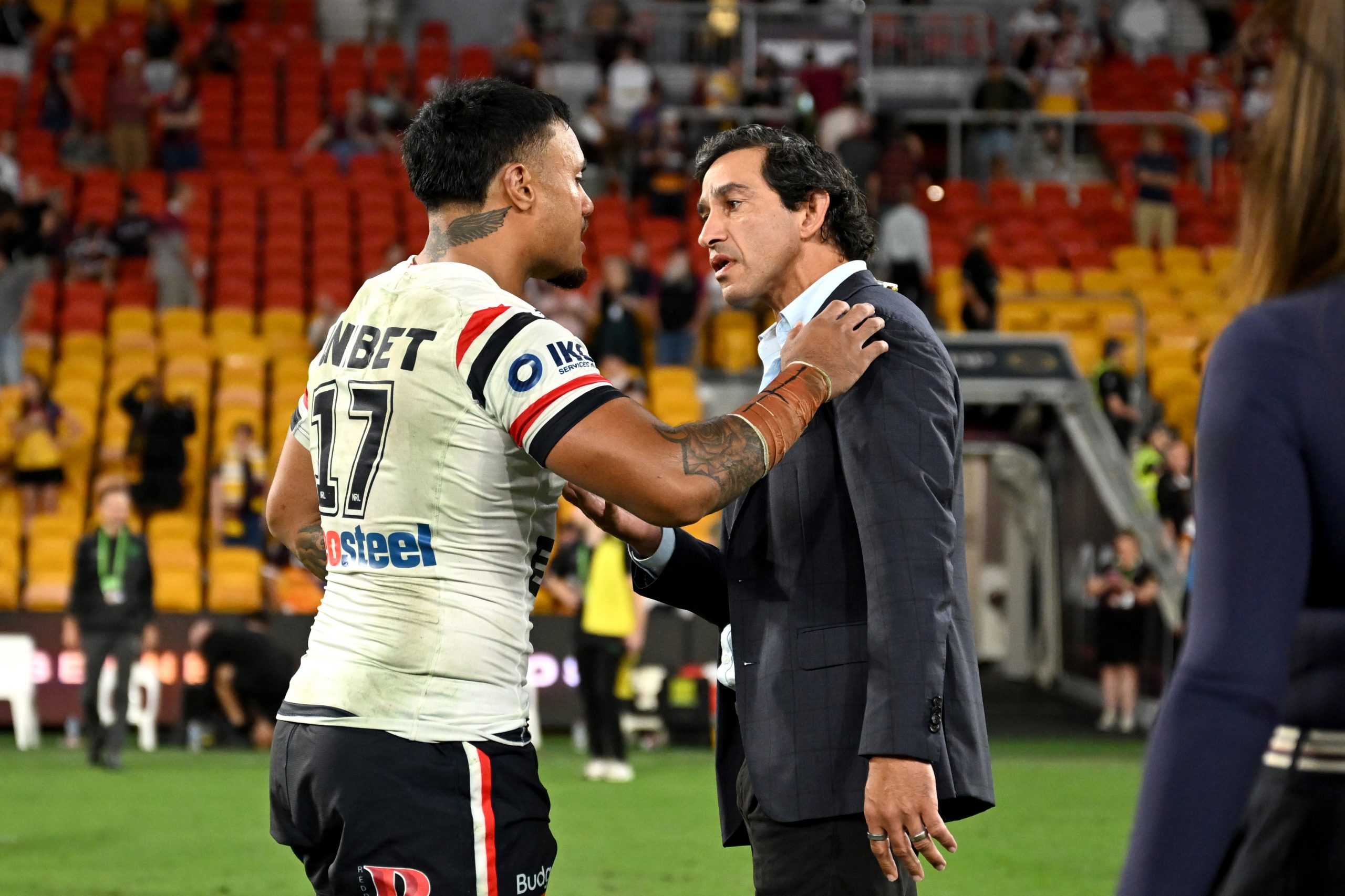 Johnathan Thurston and Spencer Leniu clashed after the Roosters win over the Broncos at Suncorp Stadium.