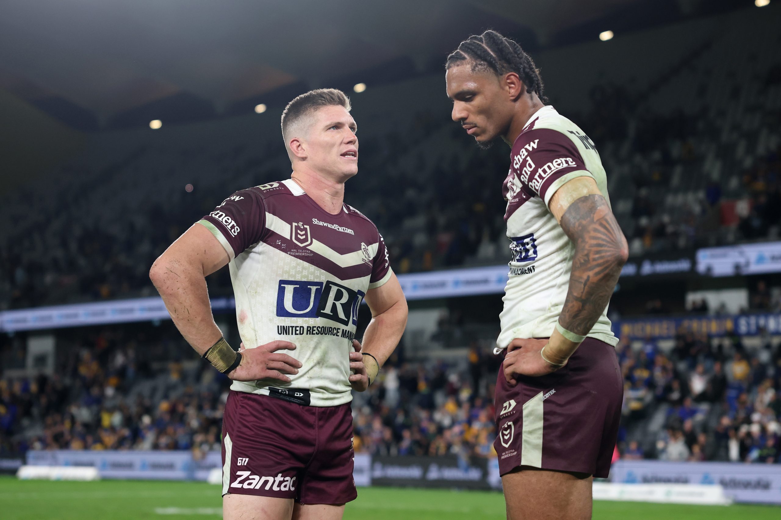 Reuben Garrick and Jason Saab react during Manly's round 12 loss to the Eels.