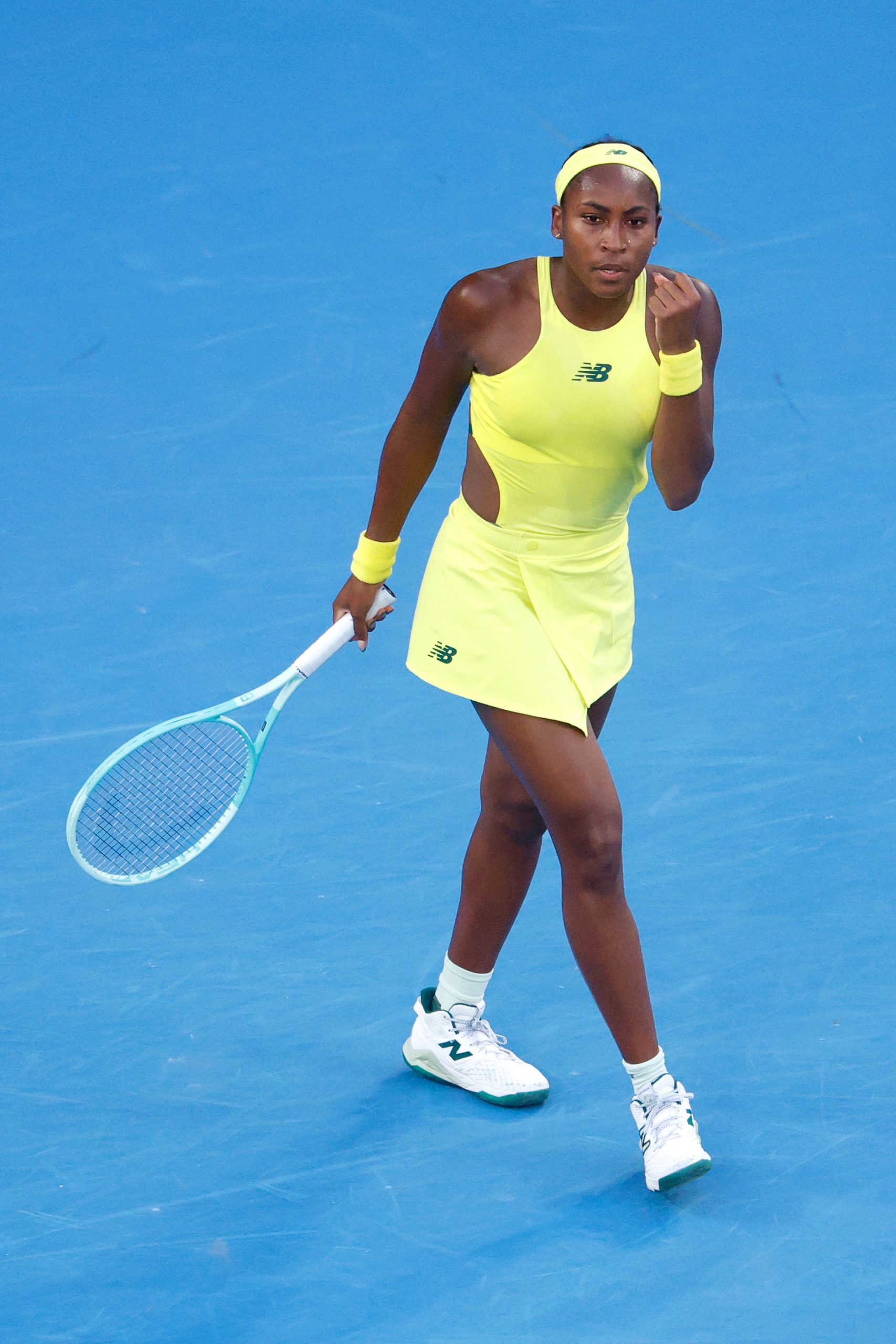 MELBOURNE, AUSTRALIA - JANUARY 17: Coco Gauff of the United States celebrates set point against Leylah Fernandez of Canada in the Women's Singles Third Round match during day six of the 2025 Australian Open at Melbourne Park on January 17, 2025 in Melbourne, Australia. (Photo by Daniel Pockett/Getty Images)