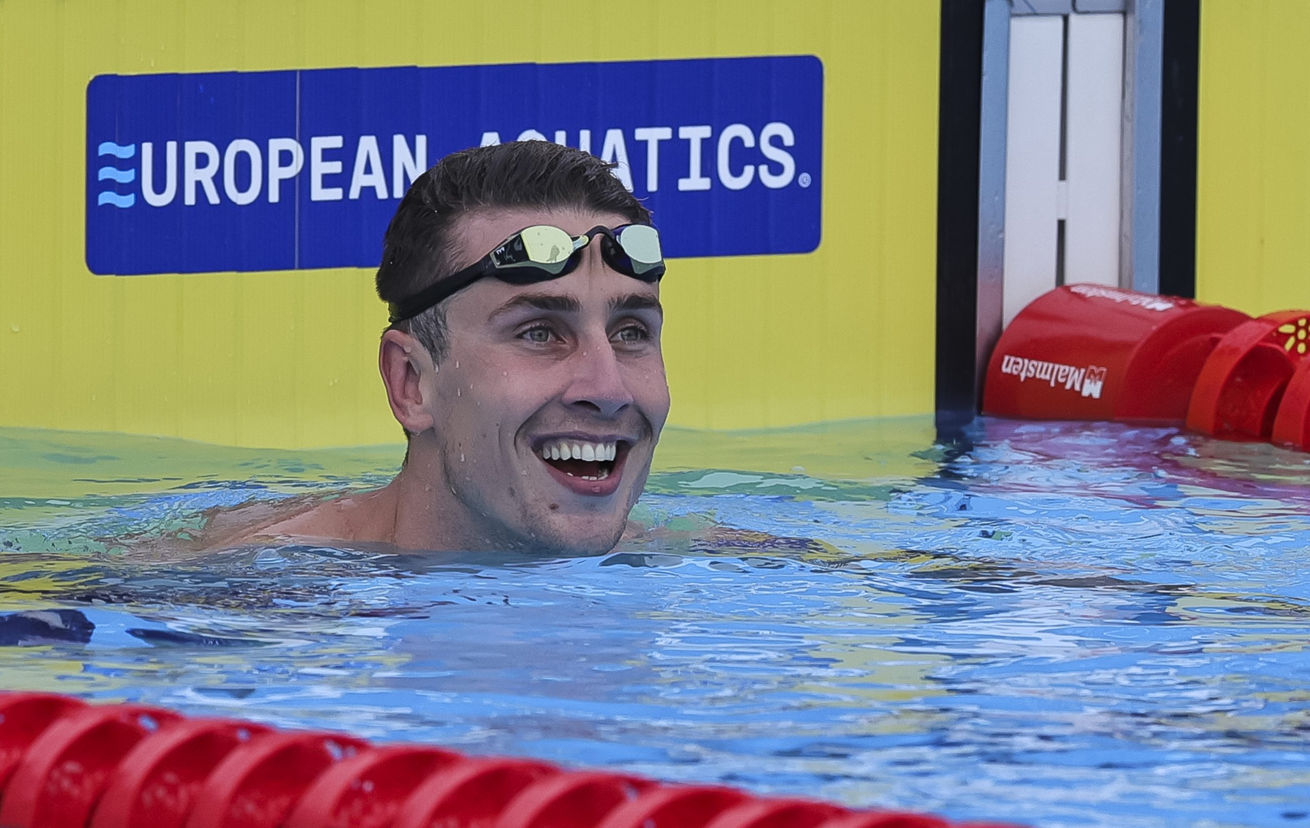 Kristian Gkolomeev of Greece celebrates with after winning the Men's 50m Freestyle Final during the 2024 European Aquatics Championships on June 23, 2024 in Belgrade, Serbia.(Photo by Srdjan Stevanovic/Getty Images)