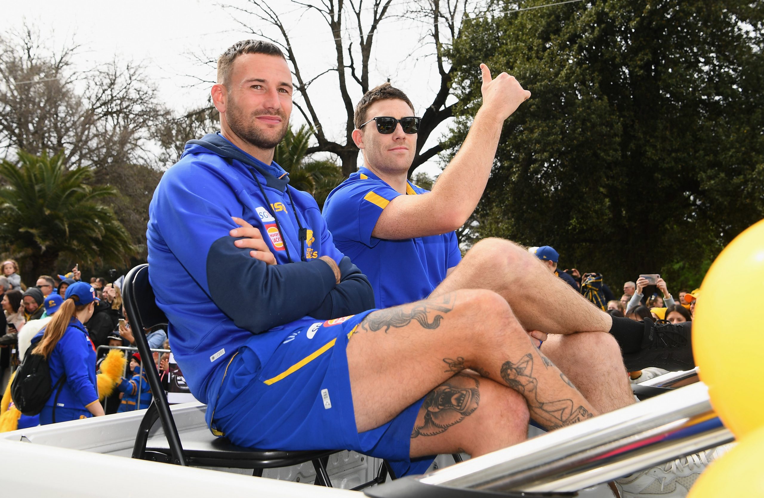 Jeremy McGovern putting on a brave face during the 2018 grand final parade.