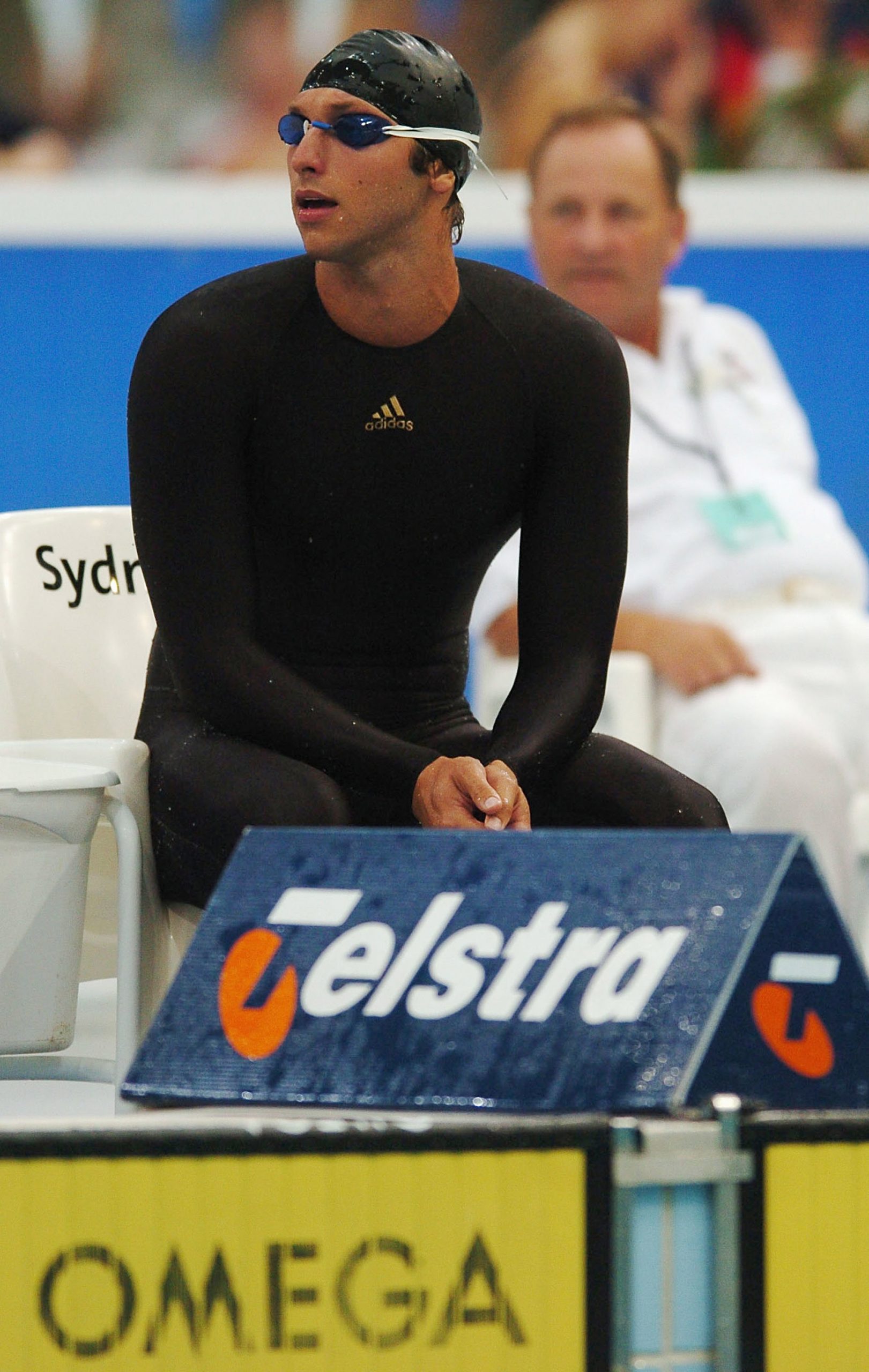 Ian Thorpe waiting anxiously moments before he was told he was disqualified.