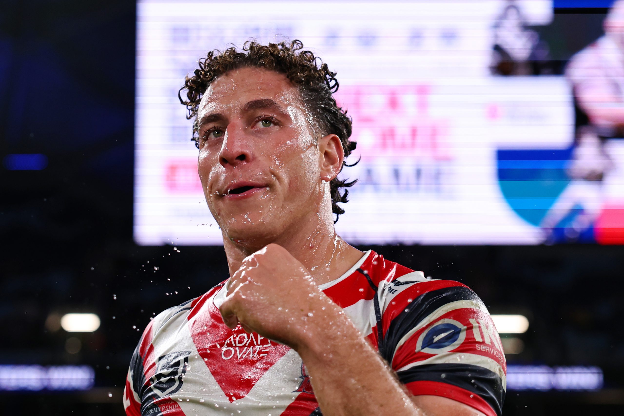 SYDNEY, AUSTRALIA - JUNE 22: Mark Nawaqanitawase of the Roosters reacts after the round 16 NRL match between Sydney Roosters and North Queensland Cowboys at Allianz Stadium, on June 22, 2025, in Sydney, Australia. (Photo by Jeremy Ng/Getty Images)