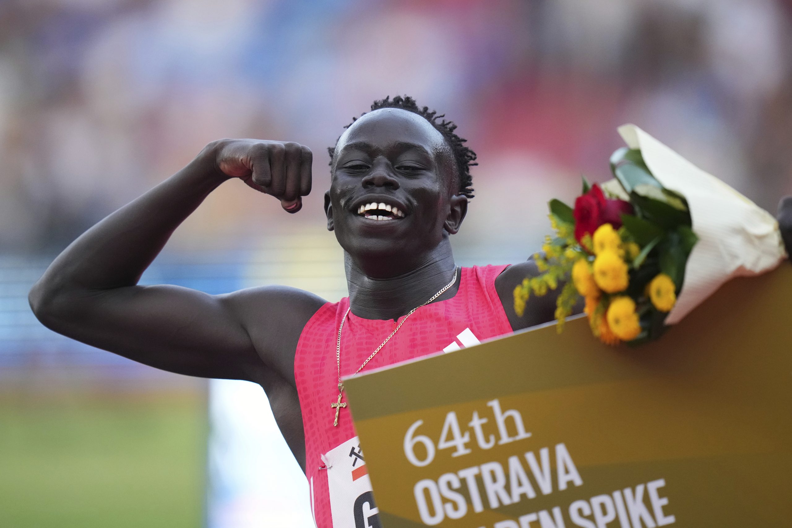 Gout Gout celebrates winning at the 2025 Ostrava Golden Spike meet.