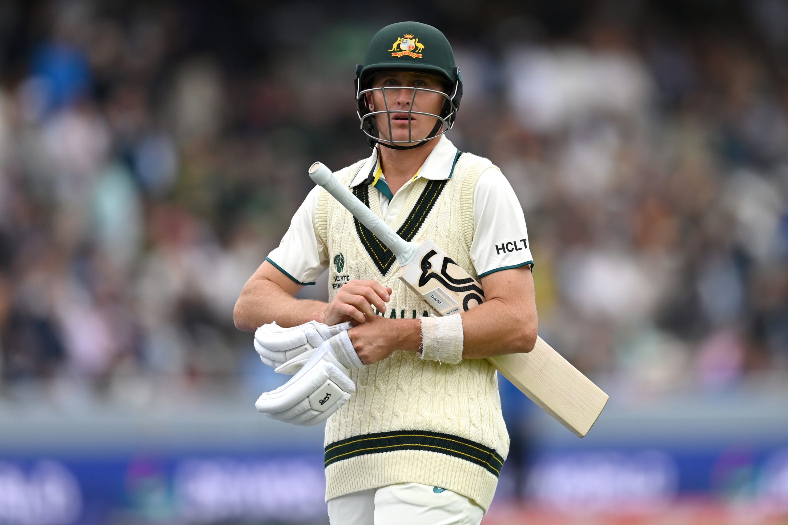 Marnus Labuschagne of Australia leaves the field after being dismissed by Marco Jansen.