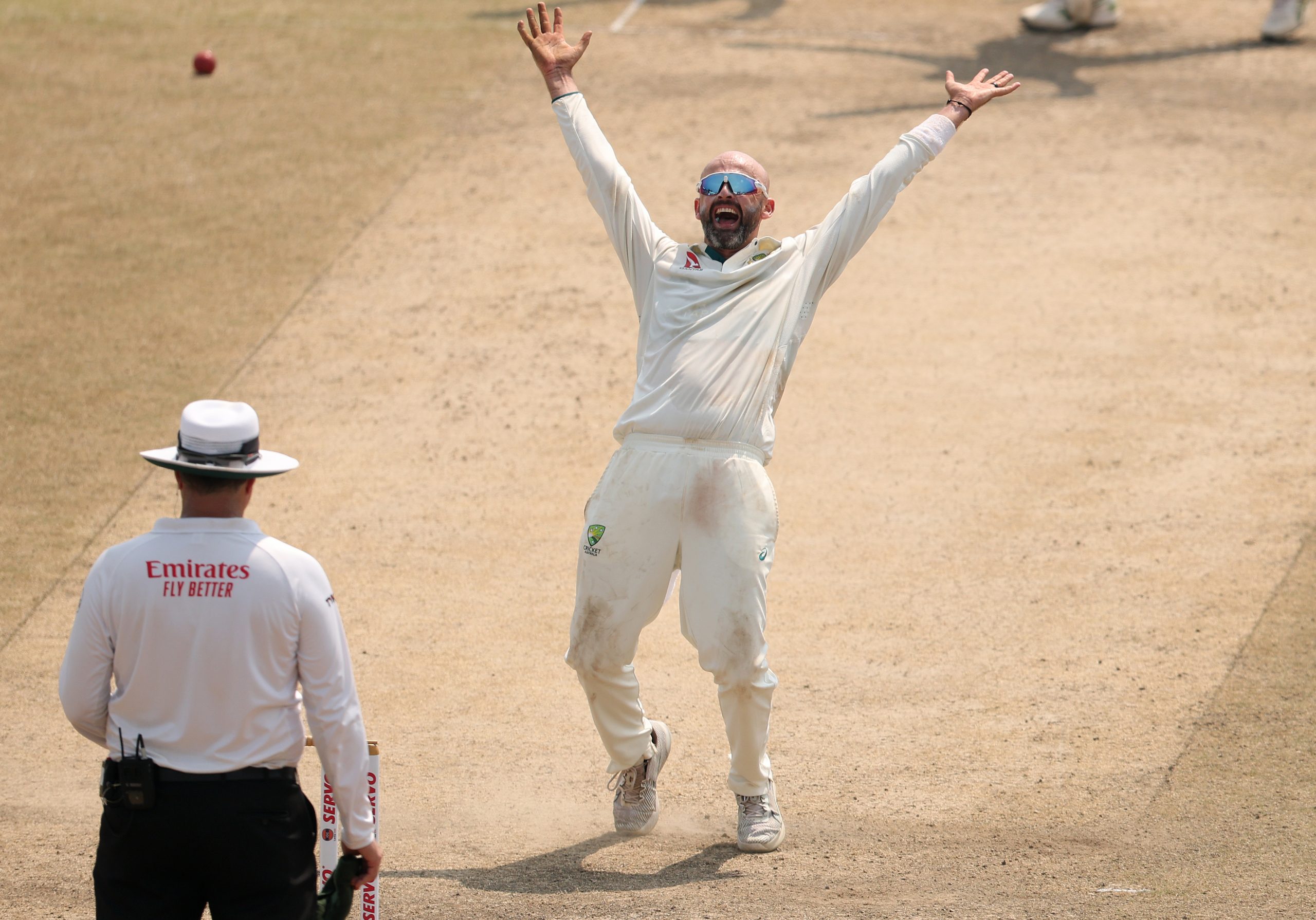 Nathan Lyon appeals for a wicket in Sri Lanka in February 2025.