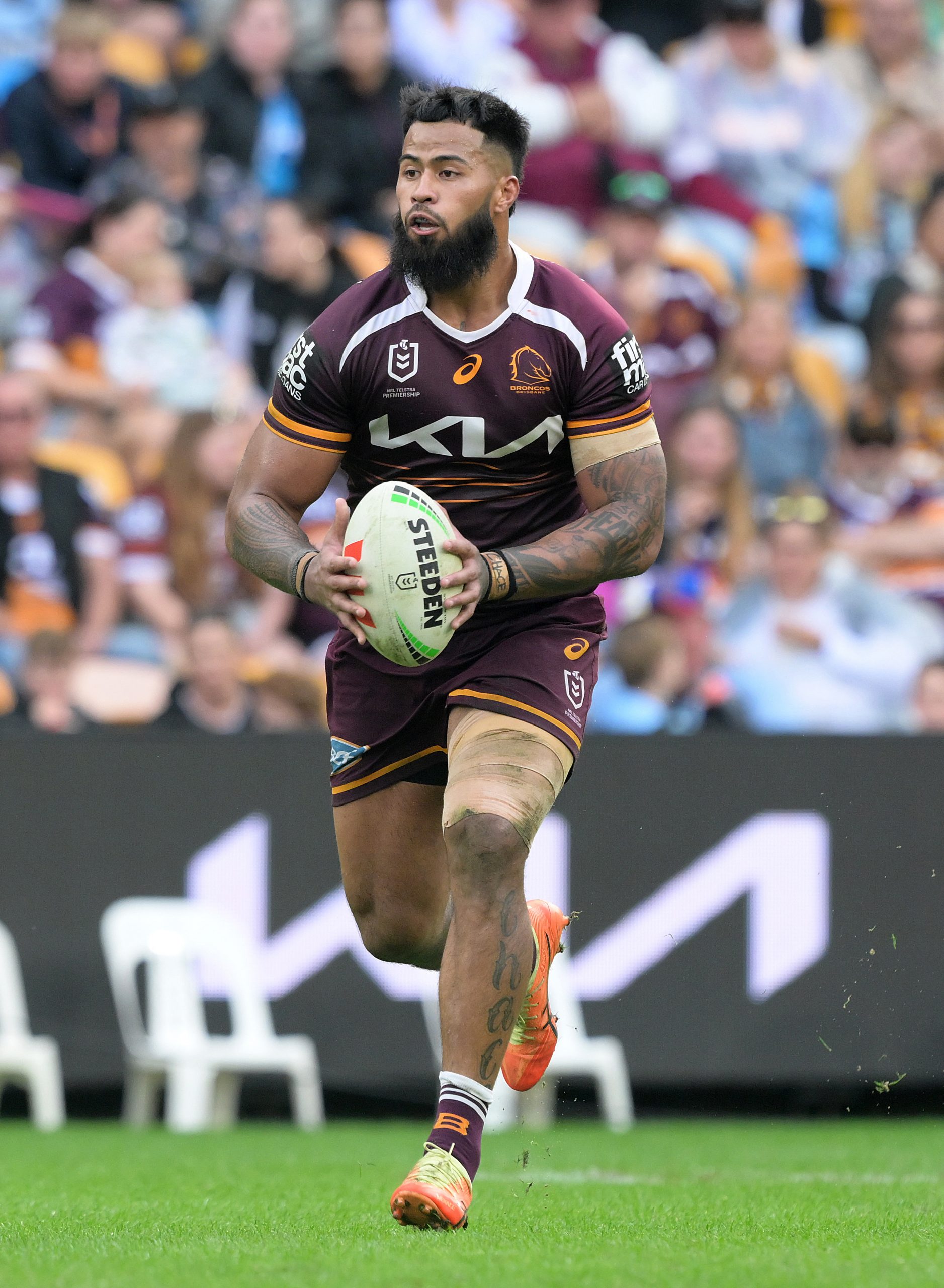 Payne Haas of the Broncos in action during the round 16 NRL match between Brisbane Broncos and Cronulla Sharks at Suncorp Stadium, on June 22, 2025, in Brisbane, Australia. (Photo by Bradley Kanaris/Getty Images)