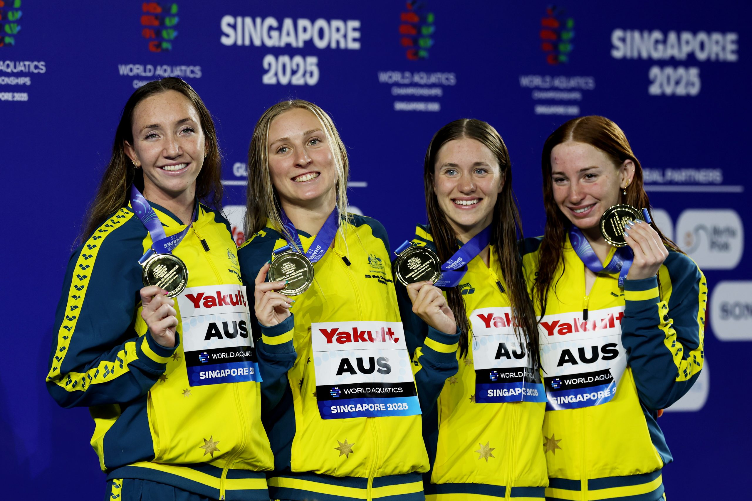 Gold medallists Lani Pallister, Jamie Perkins, Brittany Castelluzzo and Mollie O'Callaghan.