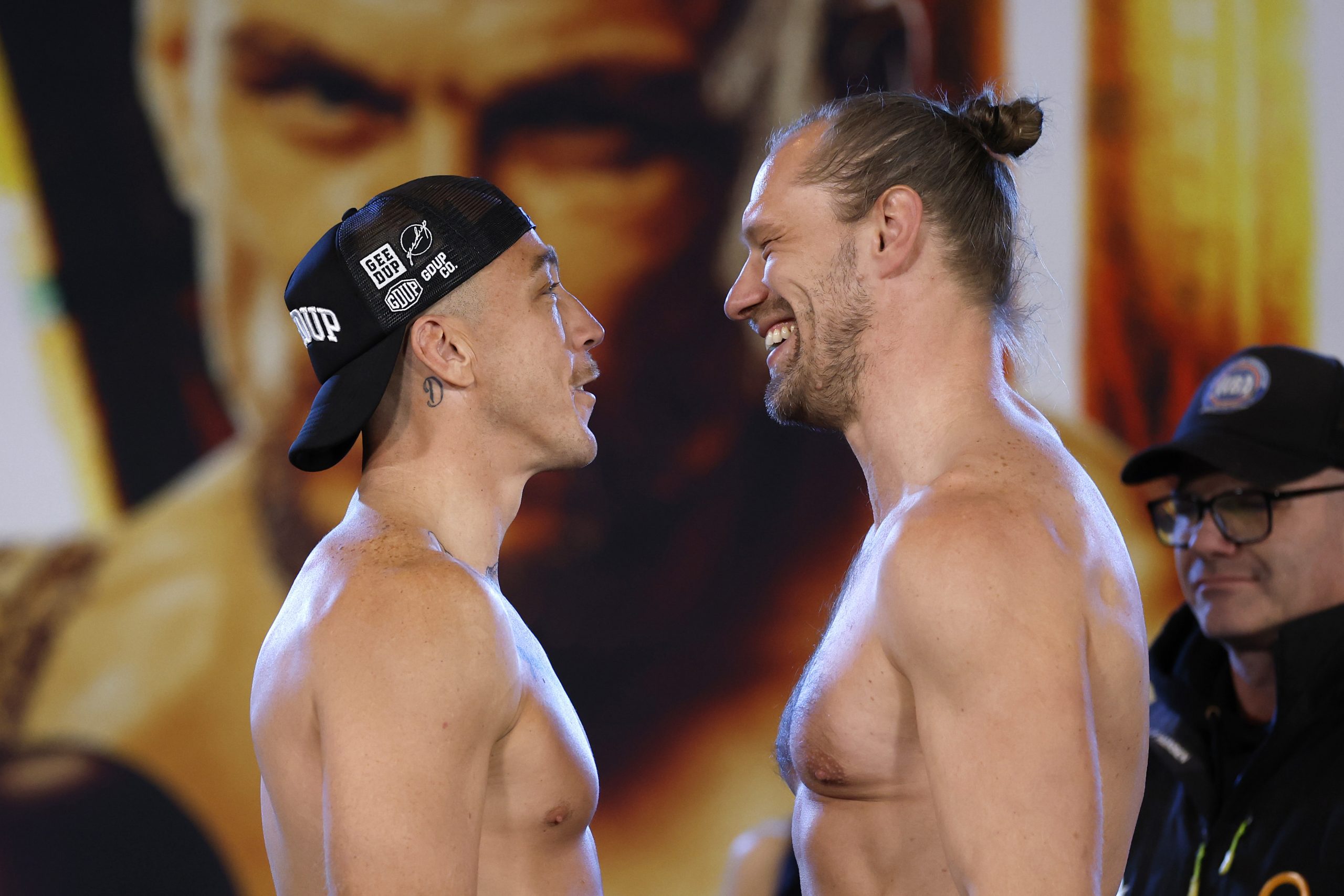 Kane Baker and Johan Linde face-off during their weigh in at Qudos Bank Arena.