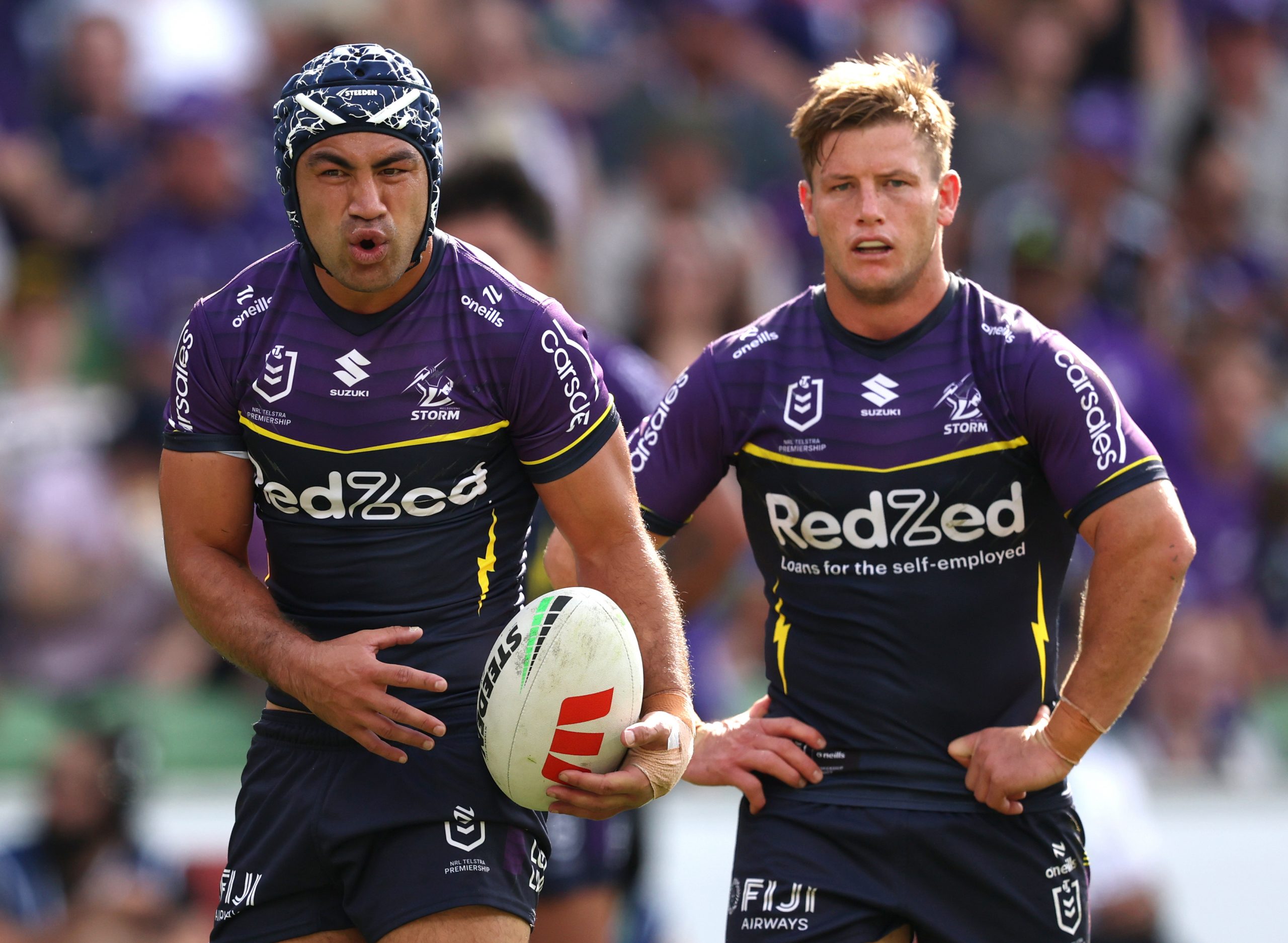 Jahrome Hughes reacts during the Storm's win against the Warriors.